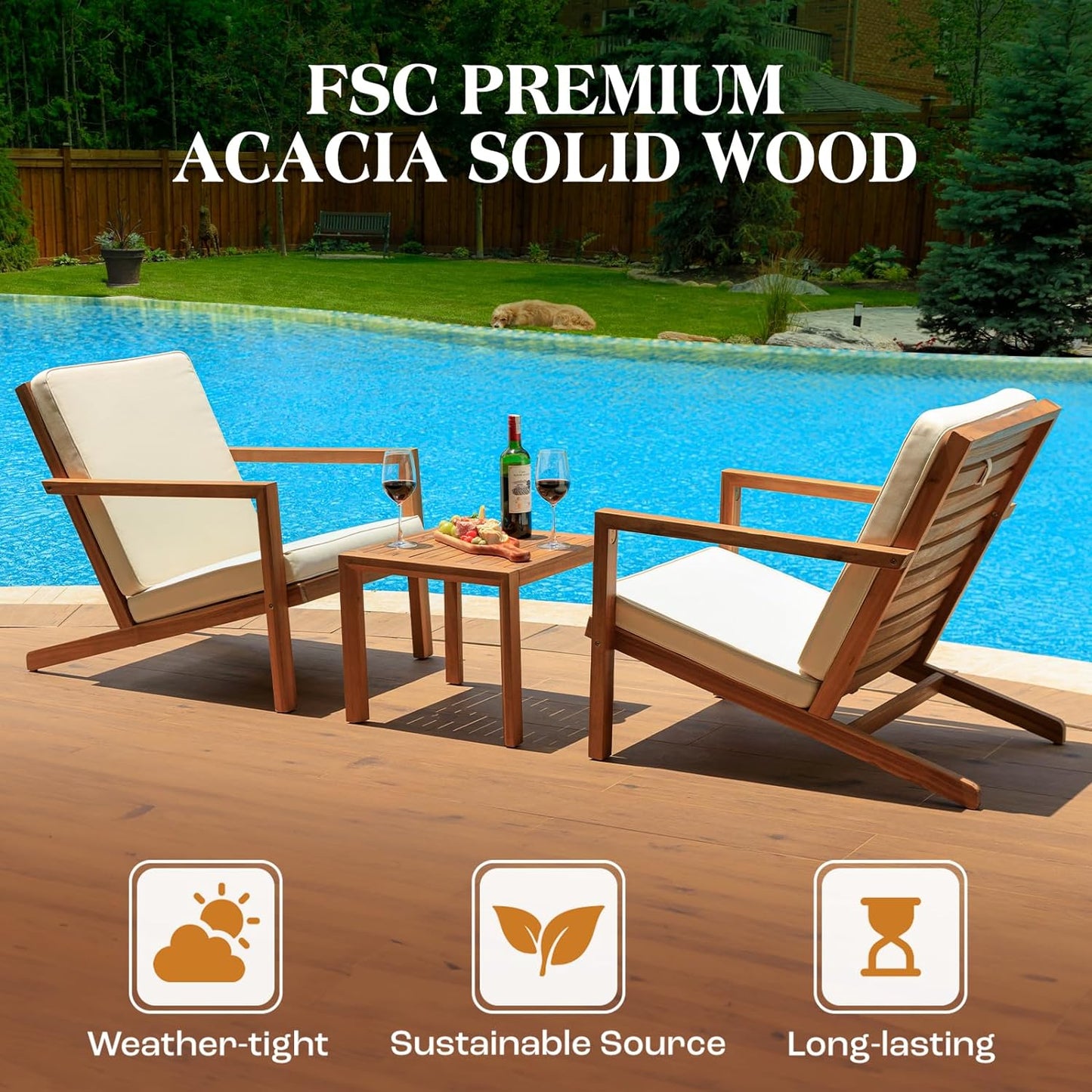 IDZO Natural 3-Piece Patio Bistro Sets with Foldable 400lbs Weight Chairs, a 220lbs Shelf Table, Made from FSC-Certified Acacia Wood, Featuring Washable Cushions and an Ergonomic Design