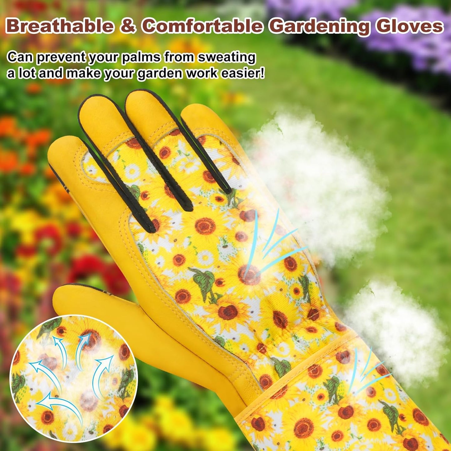 DLY Gardening Gloves for Women, Rose Gloves Gardening Thorn Proof, Long Garden Gloves for Women, Breathable Cowhide Leather Gauntlet (Medium, Yellow