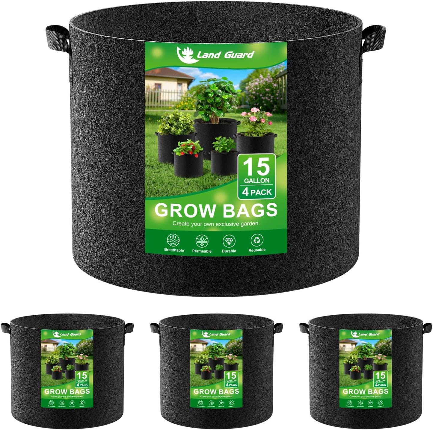 Land Guard 4-Pack Fabric Grow Bags 15 Gallon, Thickened Nonwoven Garden Pots, Growing Bags with Handles, Black