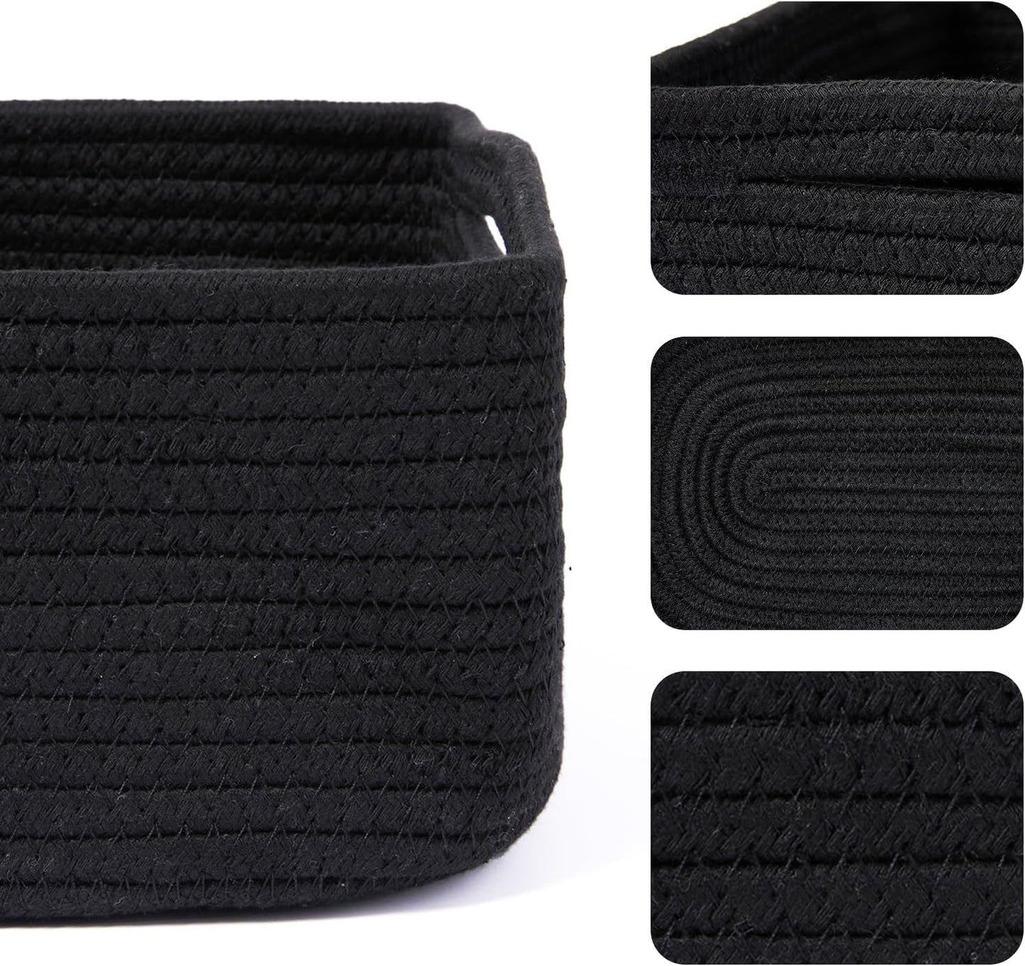 Small Storage Baskets for Organizing | Closet Organizer Bins | Shelf Toy Basket | Woven Rope Baskets | Cube Decorative Box | Shallow Basket | 13x8.5x5.1” | 3 Packs Black