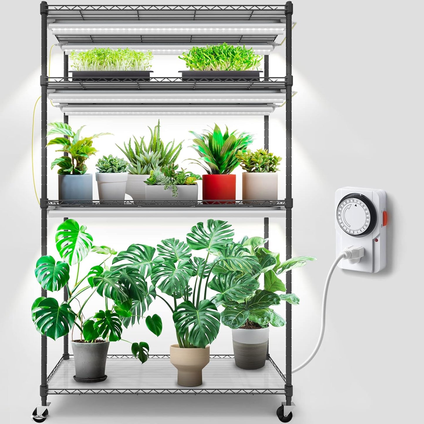 Barrina CX5 Plant Stand with Grow Lights for Indoor Plants, 4-Tier Plant Shelf with T8 3FT 30W(Per Light) Full Spectrum Grow Light for Seed Starting, Succulent, Settable Timer Socket 35.4"x13.8"x59"
