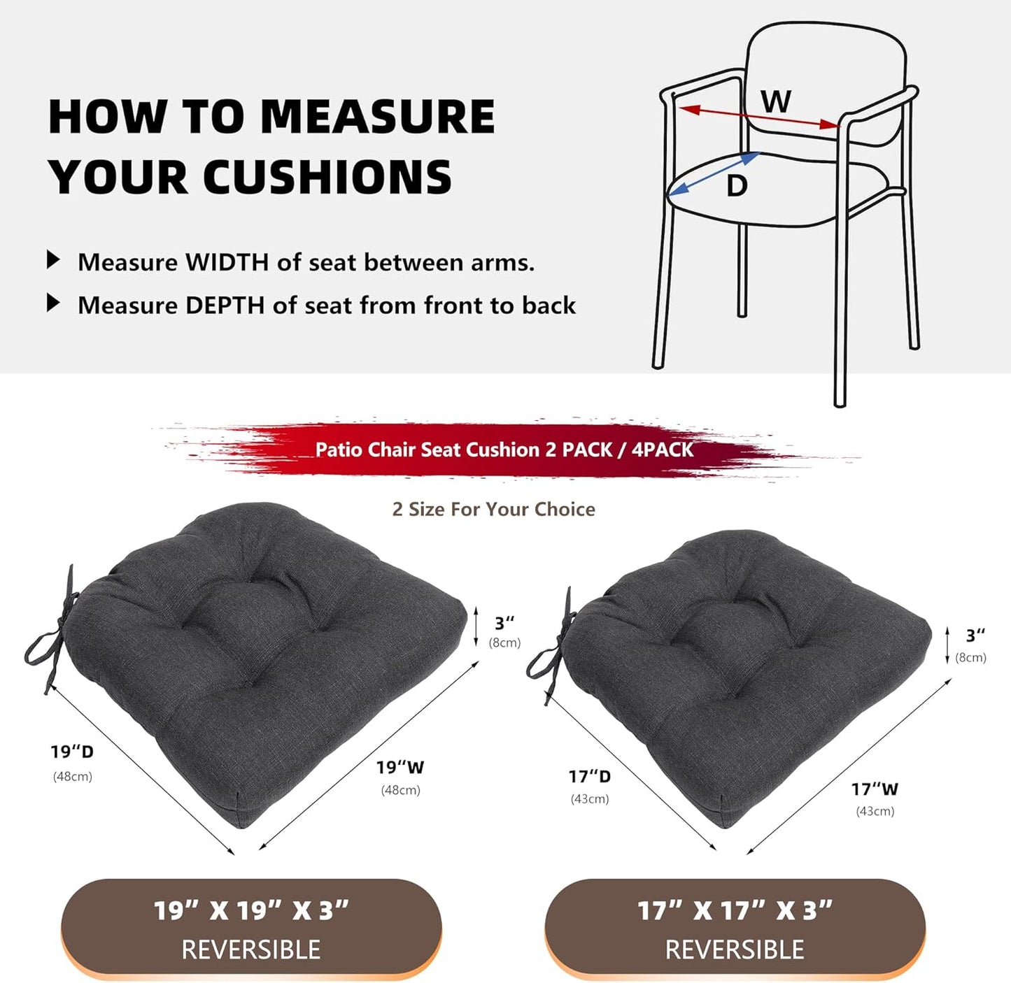 RACE LEAF Outdoor Seat Cushions Set of 2, 19" x 19" Square Patio Cushions, Plump Filling Tufted Water-Resistant Olefin Chair Seat Cushion with Ties for Non-Slip Support, Gray