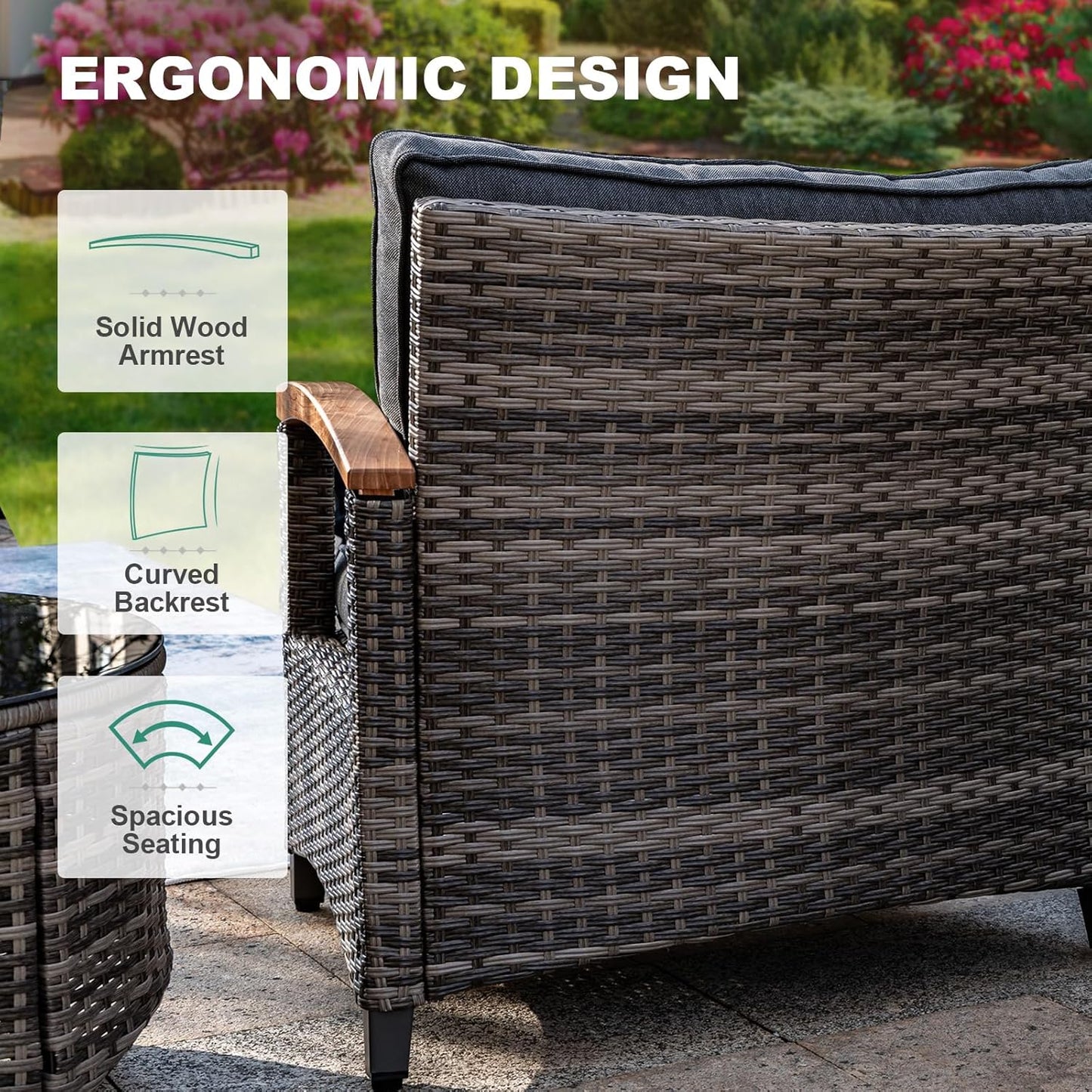 8 Piece Outdoor Patio Furniture Set, Half-Moon Curved Sectional Set with Wood Armrests, Patio Conversation Set, 2 Half-Moon Ottomans, Round Table & Side Table (Grey)