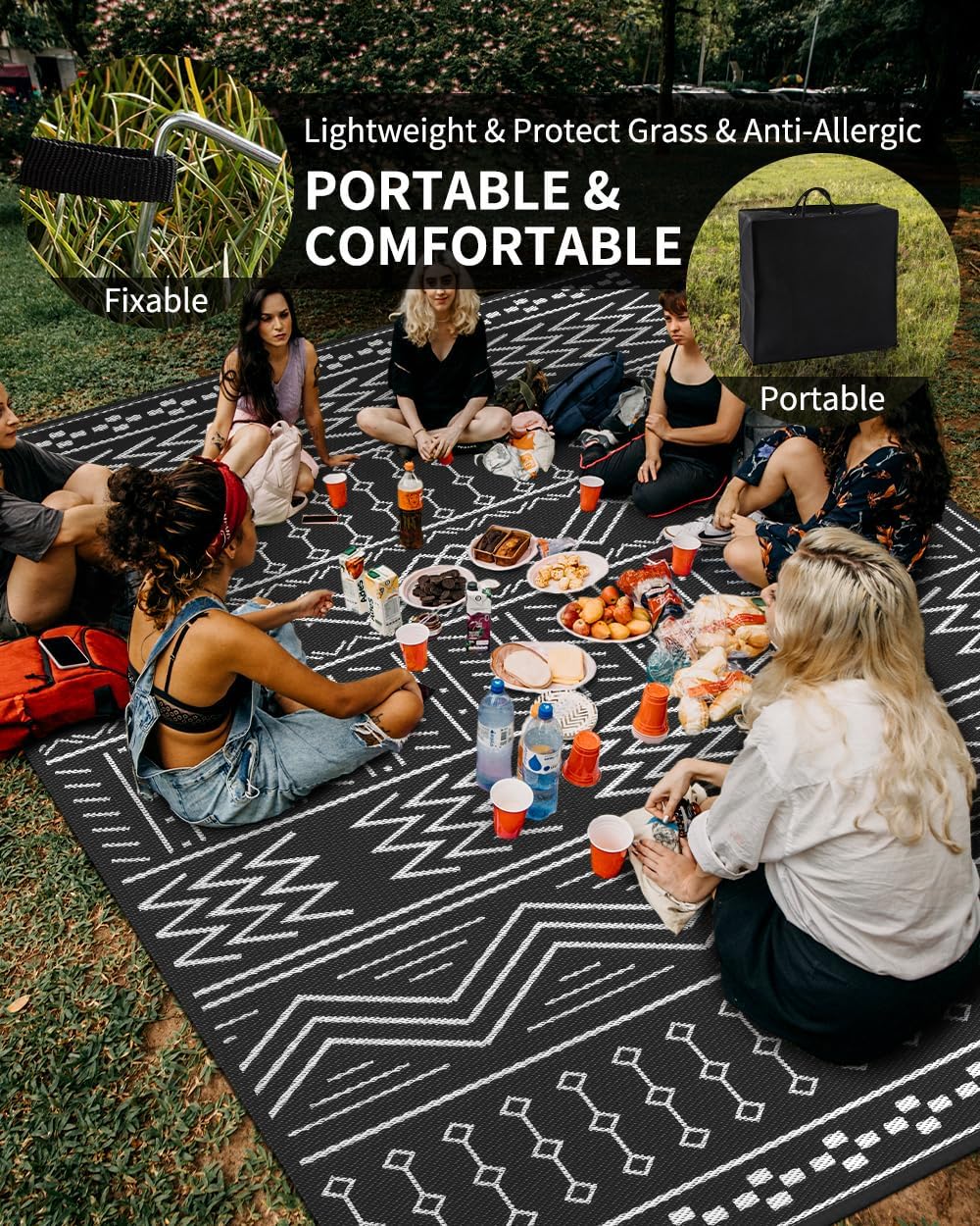 Outdoor Rug Carpet Waterproof 8x10 ft Patio Rug Mat Indoor Outdoor Area Rug for RV Camping Picnic Reversible Lightweight Plastic Straw Outside Rug for Patio Decor Decoration Boho Rug Black White