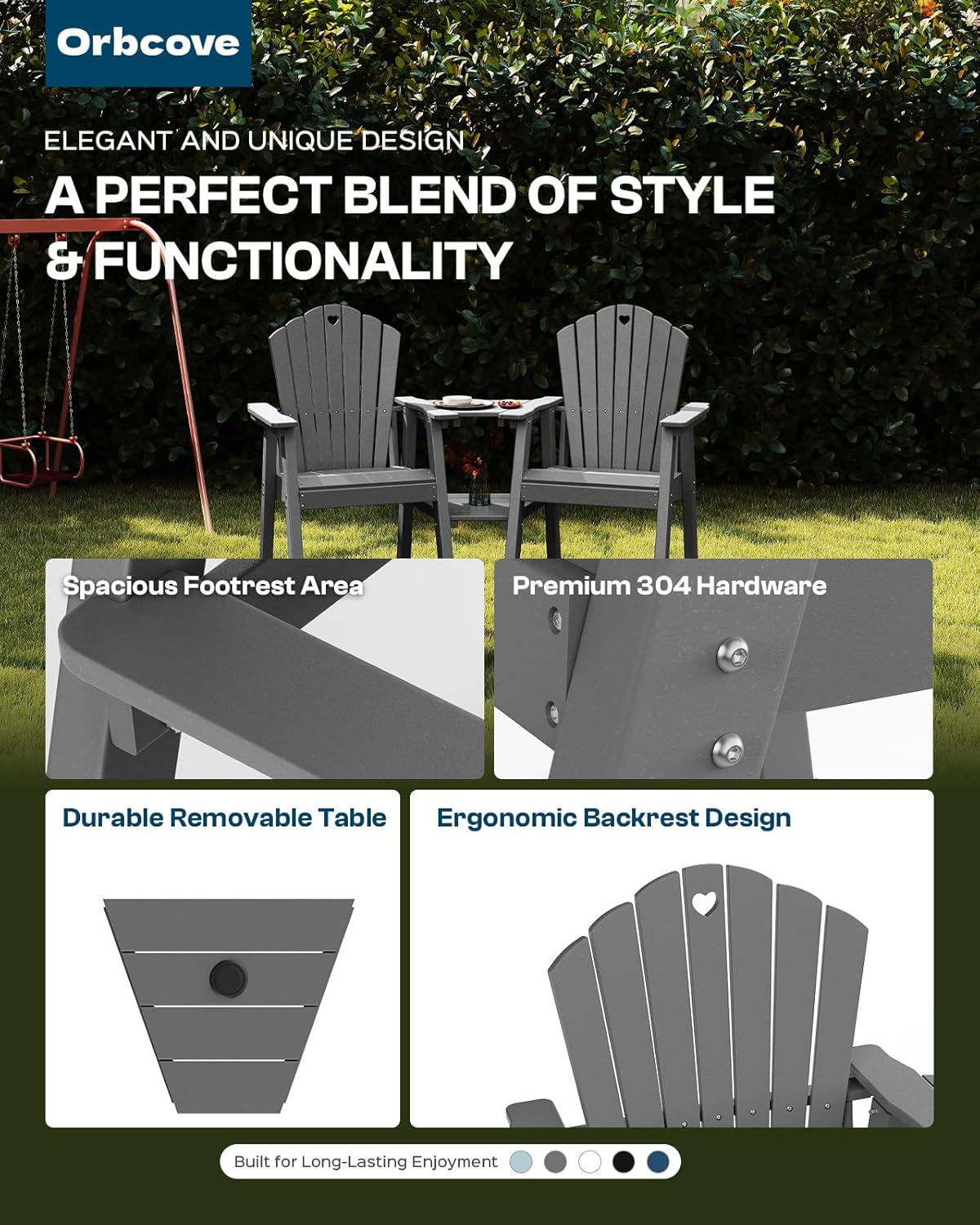 Tall Adirondack Chairs Set of 2 with Double Layer Connecting Table, HDPE Bar Height Outdoor Table and Chairs with Umbrella Hole, All Weather Outdoor Bar Stools for Patio, Deck, Backyard (Grey)