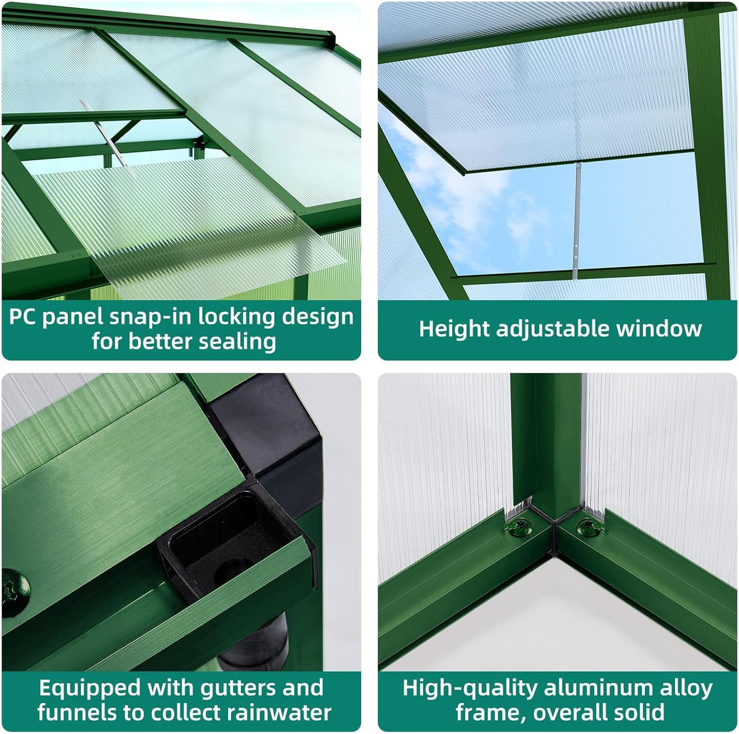 6x10 FT Greenhouse, Large Aluminum Greenhouses for Outdoors, Heavy Duty Polycarbonate Greenhouse with Roof Vent, Walk-in Green Houses for Winter Garden, Backyard, Patio, Lawn, Easy Assembly