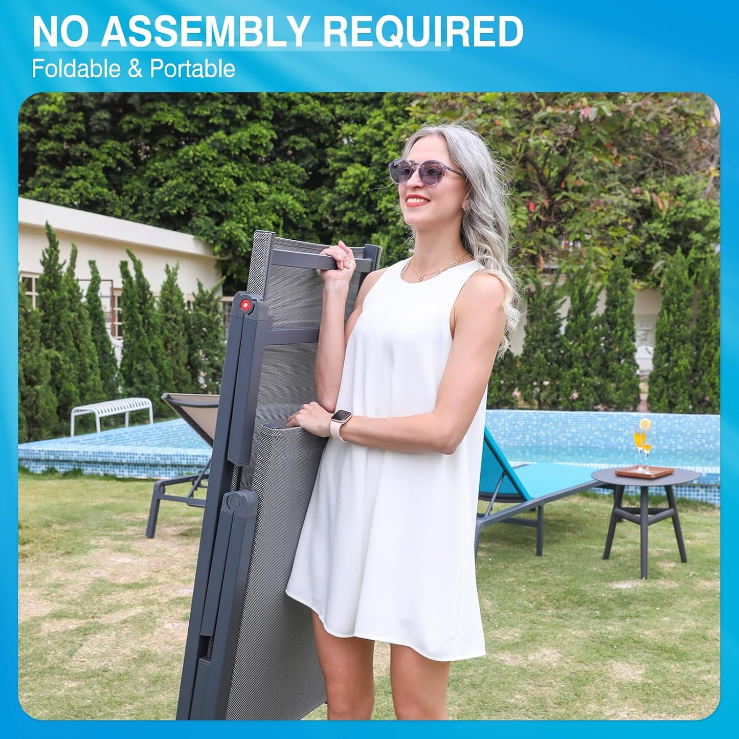 Aluminum Chaise Lounge Chair Outdoor, Foldable Patio Lounge Chair 2 Sets Assemble-Free, Pool Lounge Chairs with 5 Adjustable Backrest, Outdoor Lounge Chairs for Outside Poolside Beach Lawn Blue