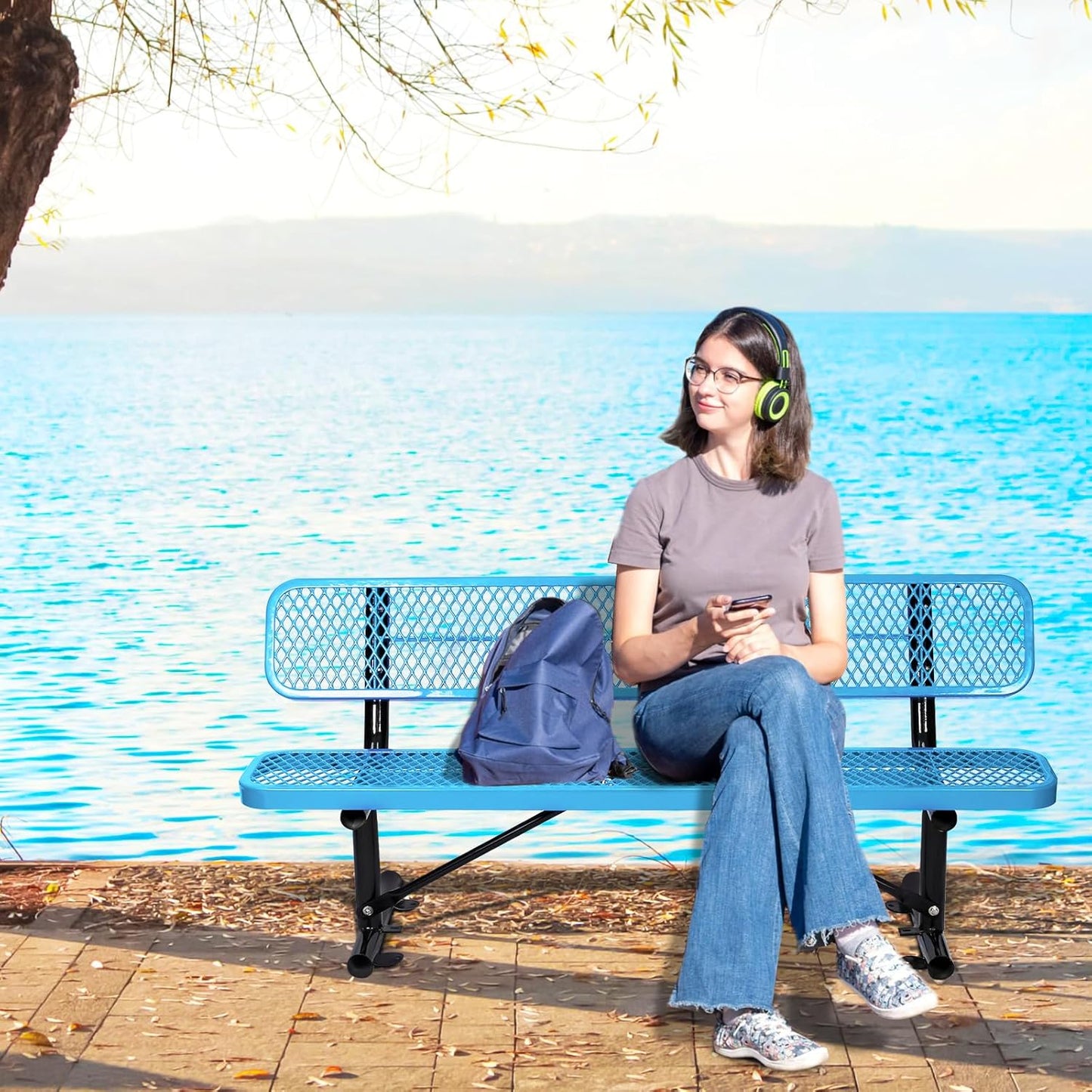 Thermoplastic Coated Iron Park Bench for Outside, Heavy Duty Metal Garden Bench, Expanded Commercial Grade Seating for Shopping Malls, Lawn Yard Porch Entryway (Blue with Backrest, 72IN)