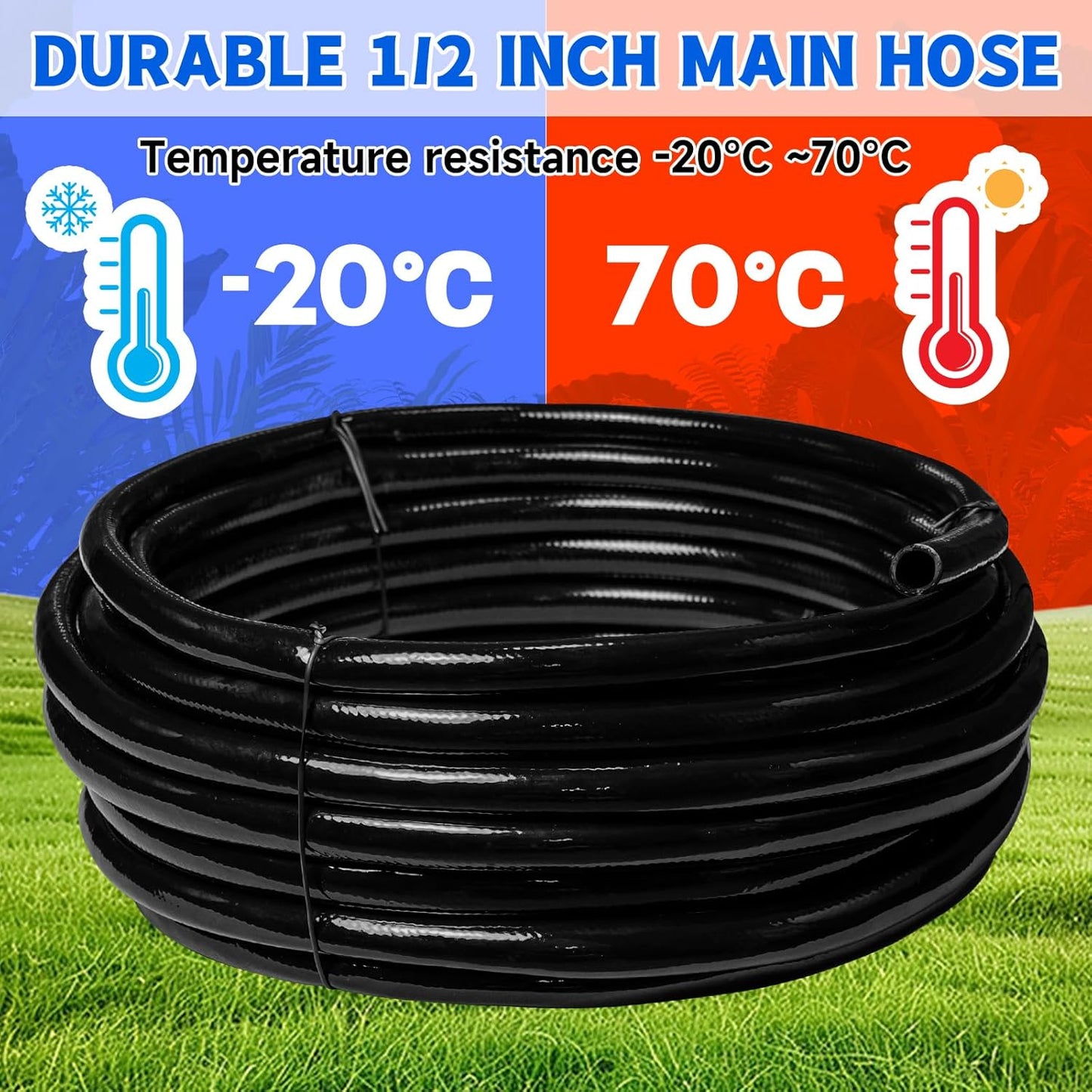 50 FT 1/2 Inch Drip Irrigation Tubing Main Drip Line Hose Tube for Garden Watering Landscape Irrigation System (Includes 2 Pack 6-Way Connector and 1/2" Straight Connector)