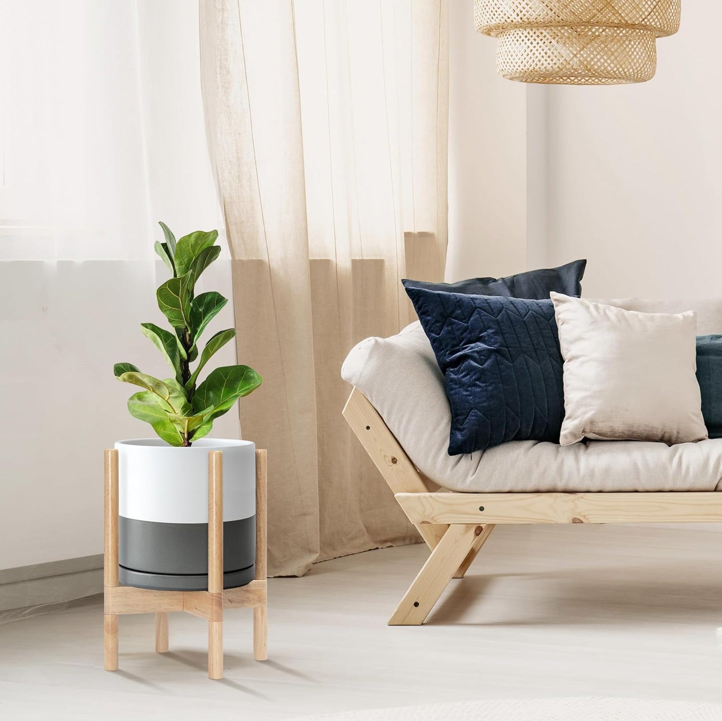 D'vine Dev Ceramic Planter with Natural Stand - 10 Inch Modern Round Flower Pot with Wood Planter Holder, White/Grey, 55-B-K-6