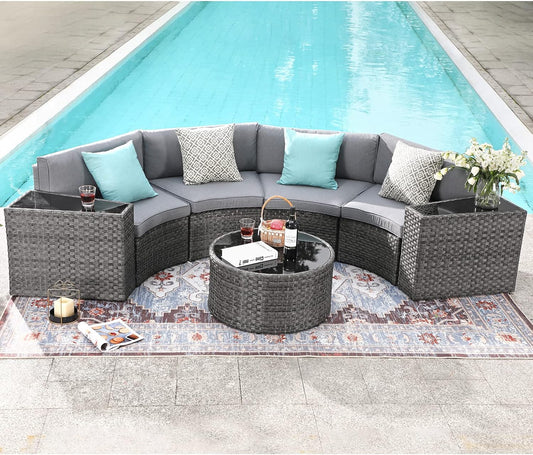SUNSITT Outdoor Patio Furniture Sectional 7-Piece Half-Moon Curved Outdoor Sofa Set with Round Coffee Table, 4 Pillows & Waterproof Cover, Grey Rattan