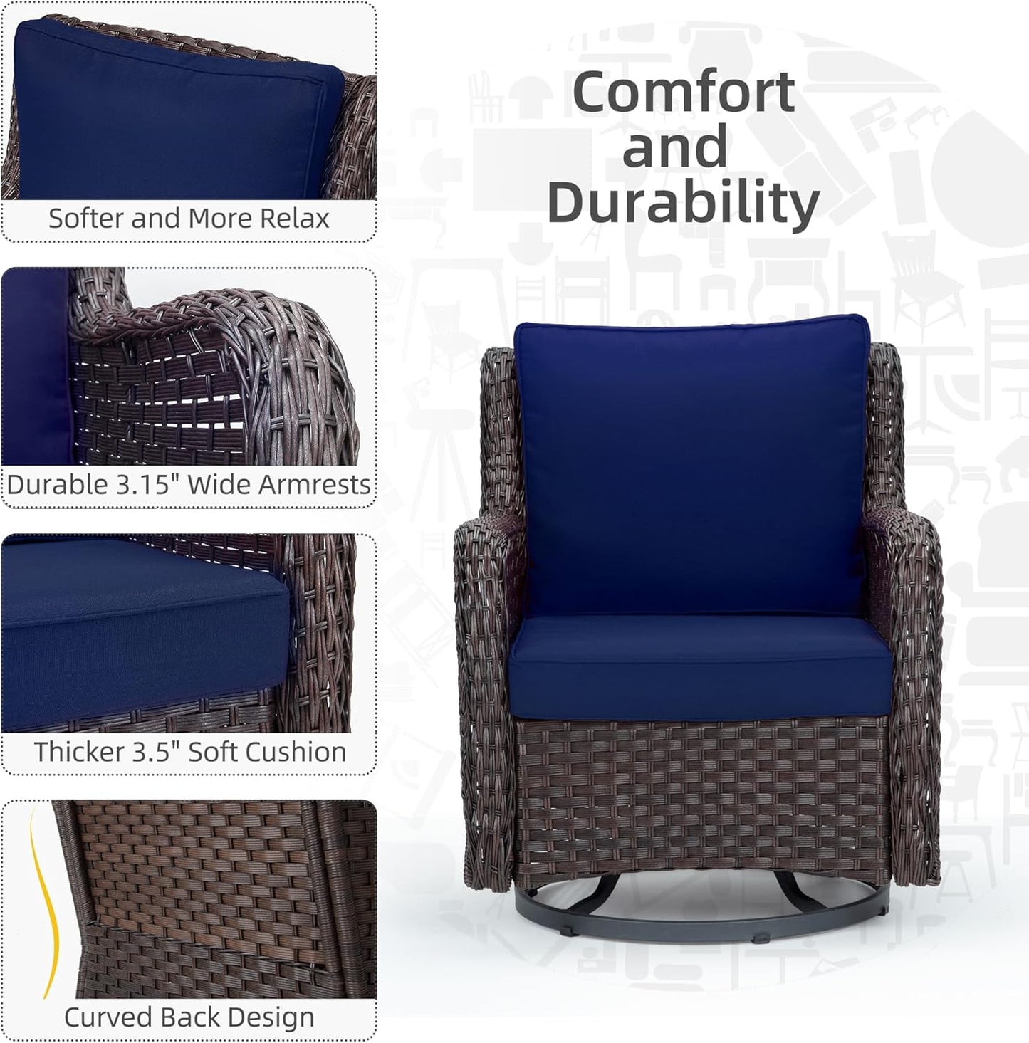 Towallmark Outdoor Swivel Wicker Glider Patio Chairs with Table Set, 3 Pieces Outdoor Bistro Set with 4”Thick Cushions and Coffee Table for Porch, Balcony, Deck (Blue)