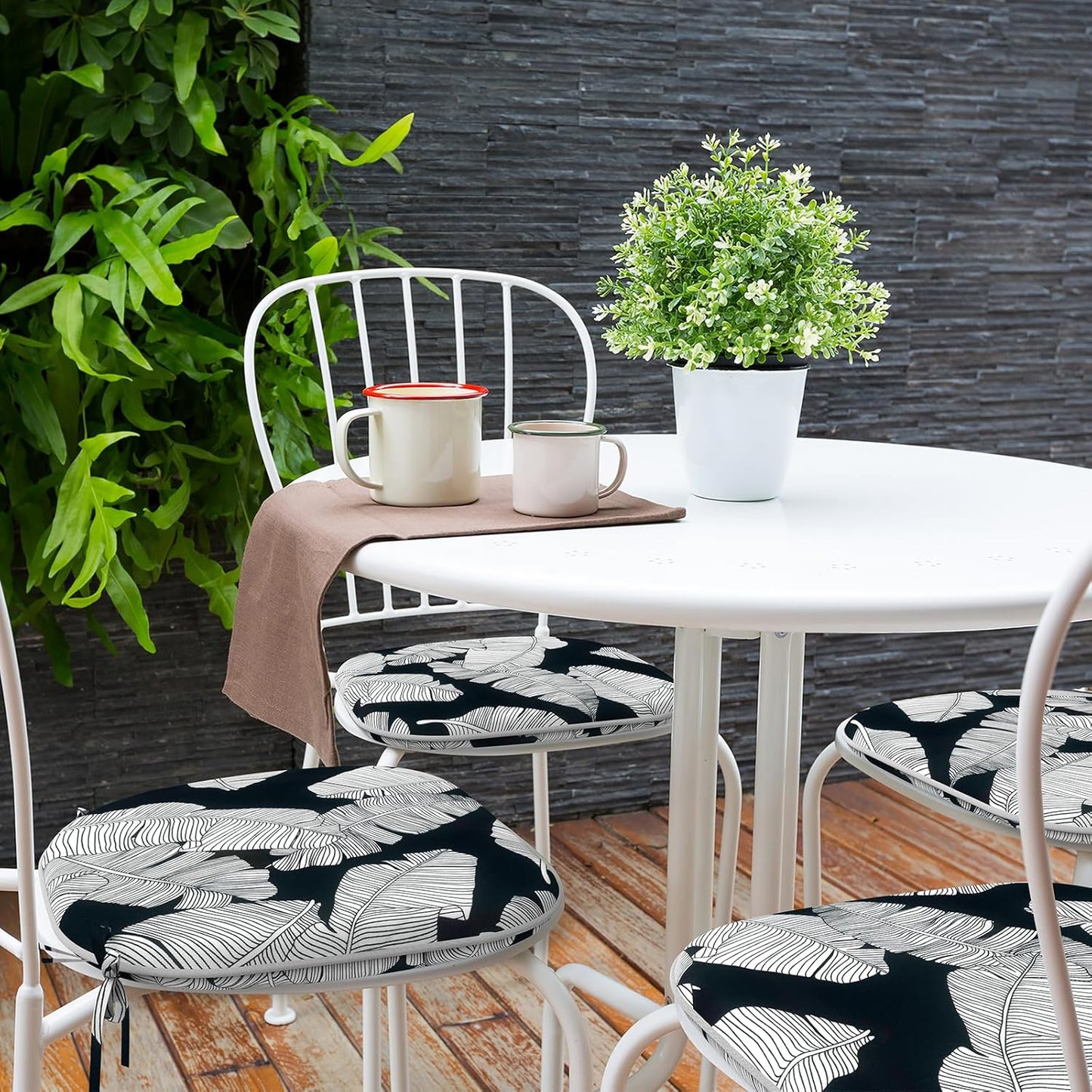 Indoor/Outdoor Chair Cushions 16x17 Inch, Patio Chair Cushions with Ties, All Weather Seat Cushions for Patio Furniture Home Garden Chair Use, Set of 4, Black Lush Leaves