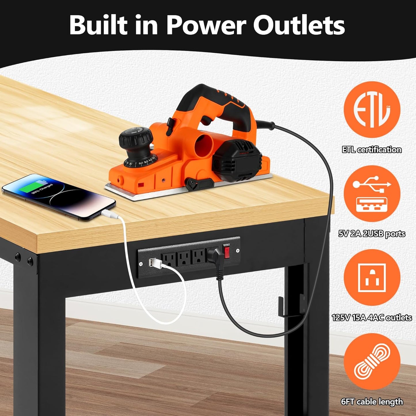 48” Adjustable Workbench，Heavy Duty Wood Work Bench 2000 Lbs Load Capacity,Work Table with Power Outlet and Wheels for Garage, Workshop, Office, Home