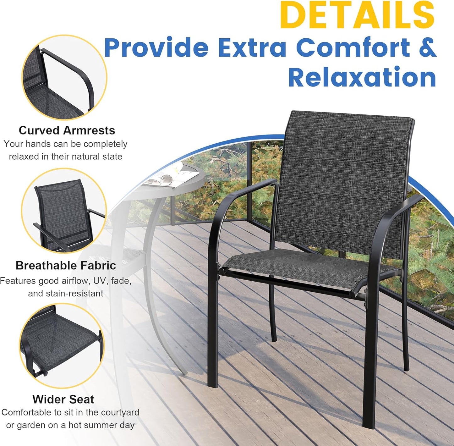 VICLLAX Patio Dining Set for 6, Outdoor Furniture Set Includes 63" Rectangle Patio Table and 6 Patio Sling Chairs, Outdoor Table and Chairs for Outsides, Black Tabletop and Dark Grey Fabric