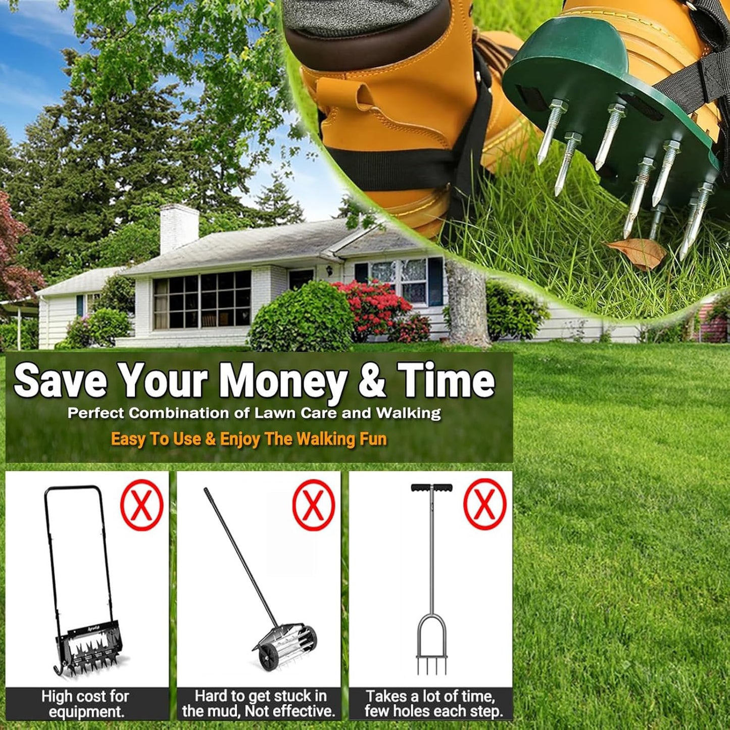 Aerator Shoes for Lawn, Long Spike Shoes for Self Levelling Floor with Hook & Loop Straps, Including Stainless Steel Shovel and Work Gloves, Spiked Aerating Sandals for Yard Patio Garden Grass Lawn