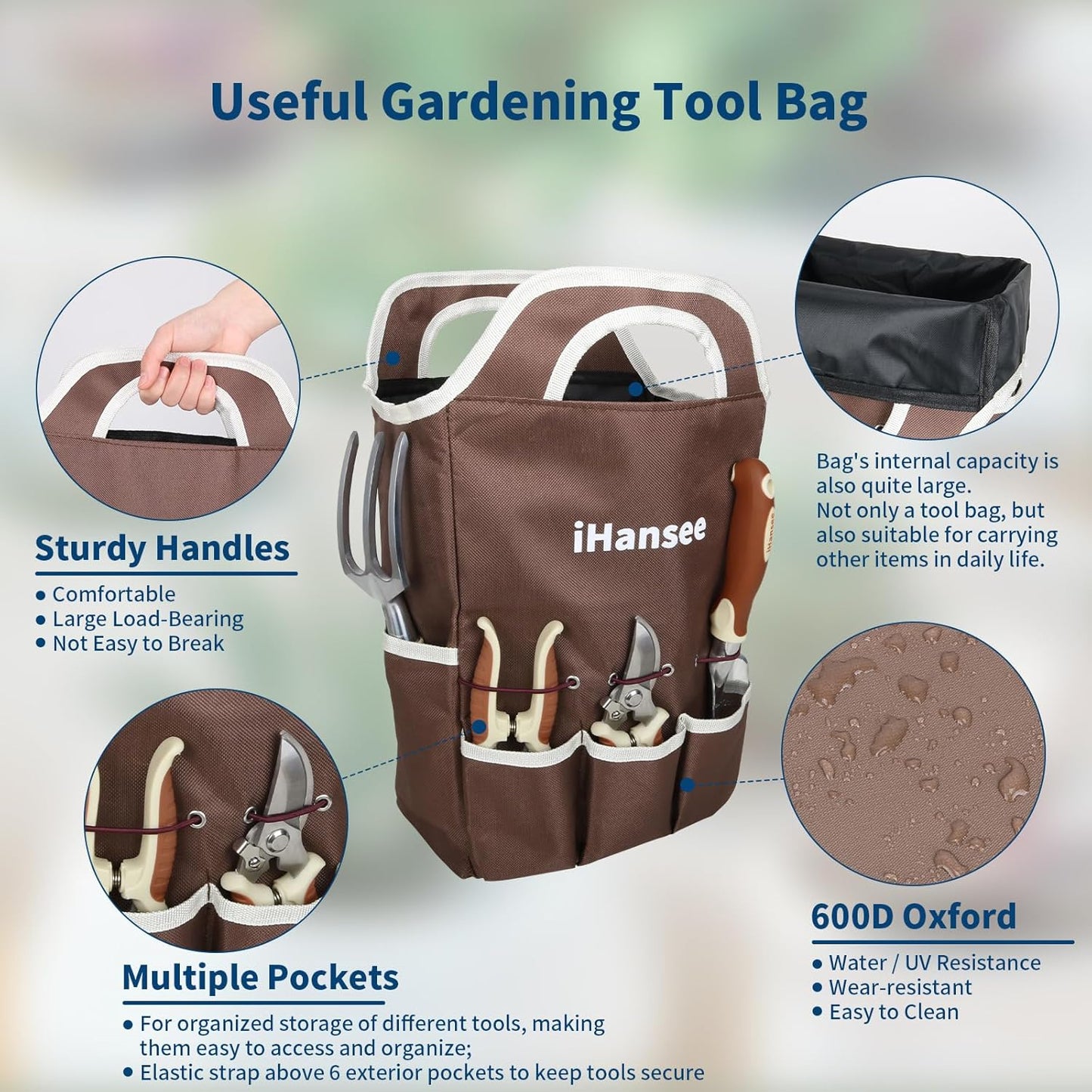 Brown Gardening Tools Set 12-Piece, Garden Hand Tool Kit with Non-Slip Ergonomic Handle, Storage Tote Bag, Garden Apron, Gloves and Kneeling Pad, Gardening Gifts for Women Men Plant Lover