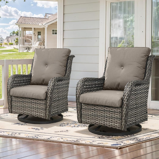 Outdoor Swivel Rcoker Patio Chairs - Outdoor Swivel Patio Chairs Set of 2 Wicker Chair Patio Furniture Sets with Covered Cushion for Porch Deck Balcony Garden, Gray