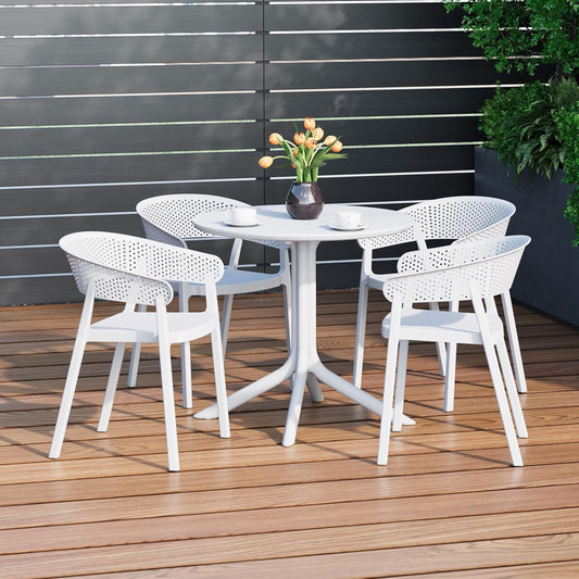 Dining Table Set for 4, HDPE Patio Round Dining Table and Stackable Chair, Kitchen & Dining Room Sets All Weather for Backyard Porch Poolside, White