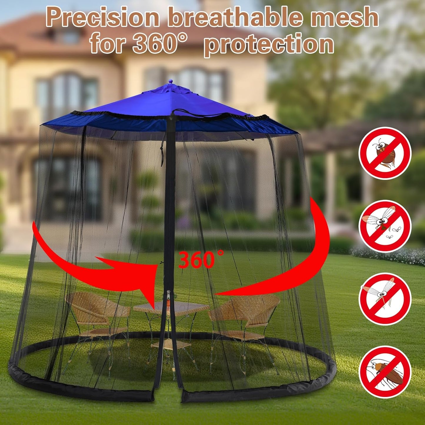 7.5-13FT Patio Mosquito Netting - Mosquito net for Patio Garden and Outdoor Umbrellas with Adjustable Elastic Cord and Zipper Umbrella net