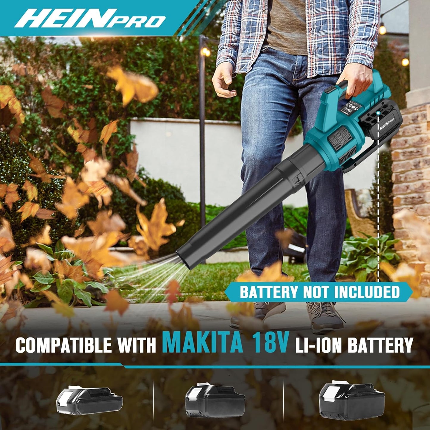HEINRPO Cordless Leaf Blower Compatible with Makita 18V Battery (Bare Tool) 400CFM Electric Leaf Blower Cordless, Variable Speed, Turbo Mode, Handheld Battery Powered Leaf blowers for Lawn Care