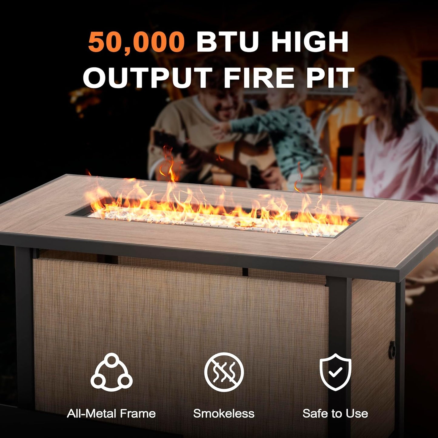 Nuu Garden 43" Propane Fire Pit Table, CSA-Listed Outdoor 50,000 BTU Gas with Lid and Glass Beads, 2-in-1 Rectangular for Outside Backyard Patio, Light Brown