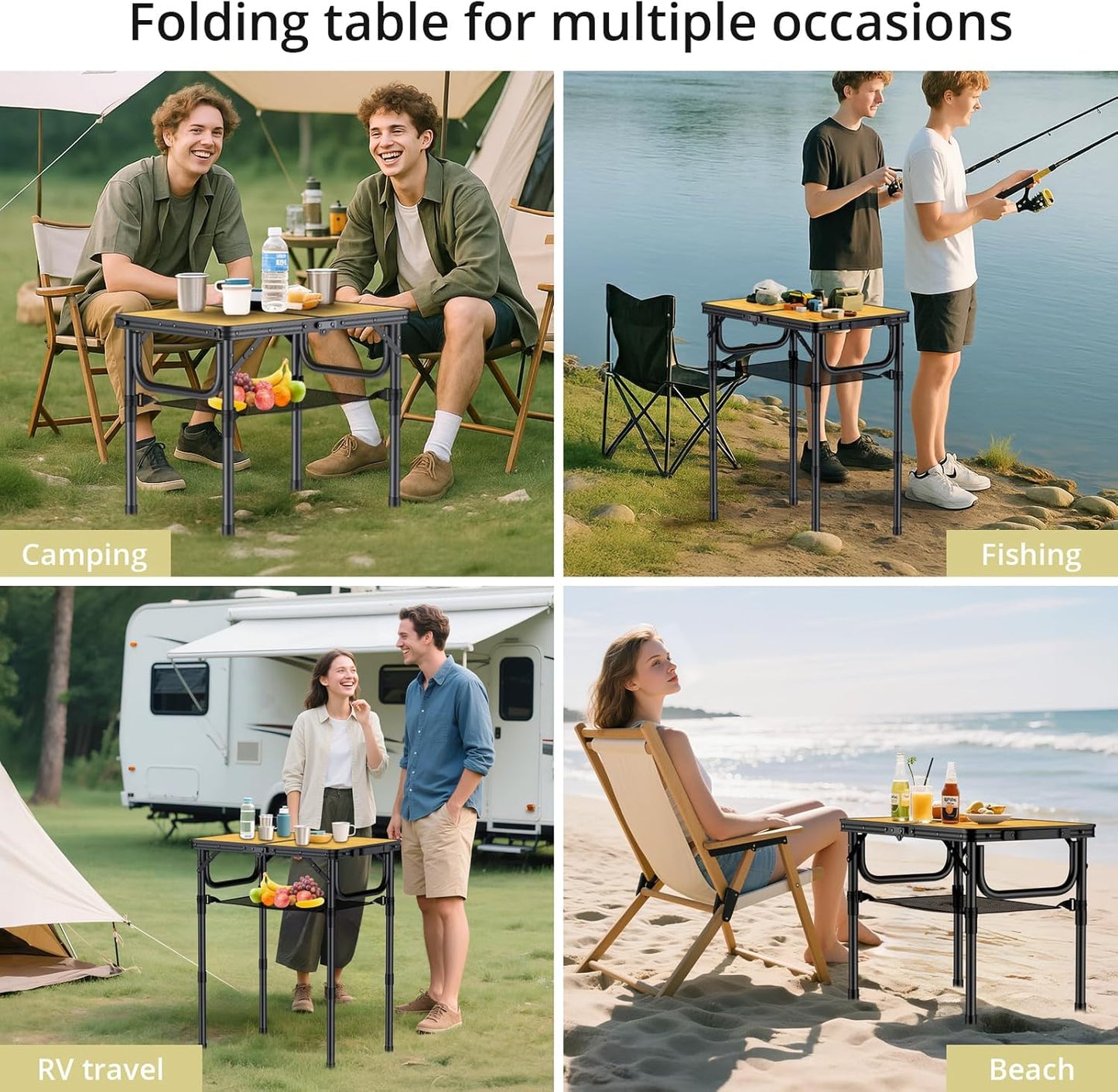 2ft Camping Table Foldable with Storage Net, 3 Adjustable Heights Aluminum Small Folding Table, Lightweight, Portable Handle, for Travel Outdoor Beach Camping Picnic, 23.2" x 16", Yellow