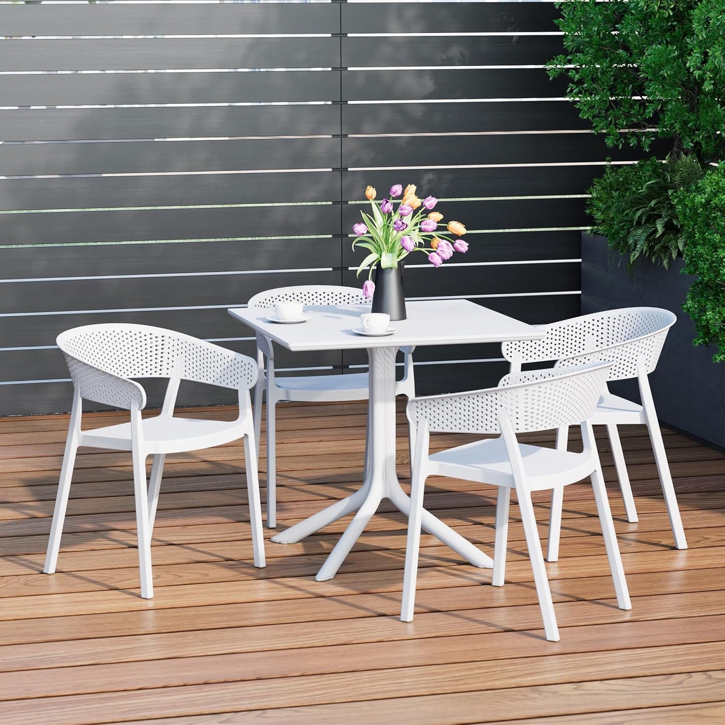 Table Chairs Set of 4, HDPE Patio Square Dining Table and Stackable Chairs, Outdoor Small Patio Furniture Set All Weather for Backyard Porch Poolside, White