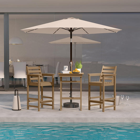 3-Piece Outdoor Bar Set with Beige 9FT Cantilever Umbrella, HDPE Tall Balcony Adirondack Chairs and Table, All-Weather Outdoor Bar Stools for Patio (Brown)