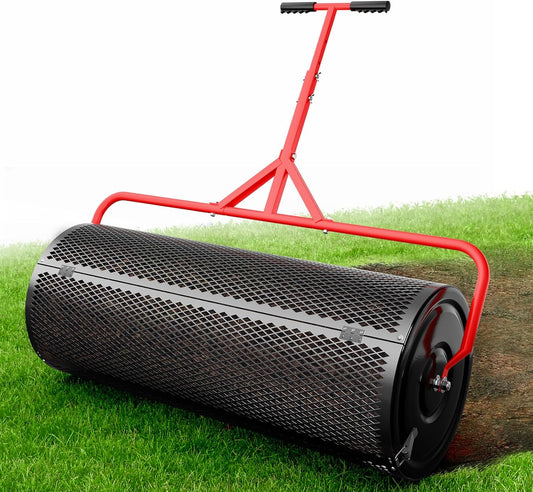 Compost Peat Moss Spreader for Lawn, 36 Inch Compost Roller Spreader with Adjustable T-Shaped Handle, Upgraded Side Clasps, Durable Lightweight Metal Roller, Lawn Garden Yard Care