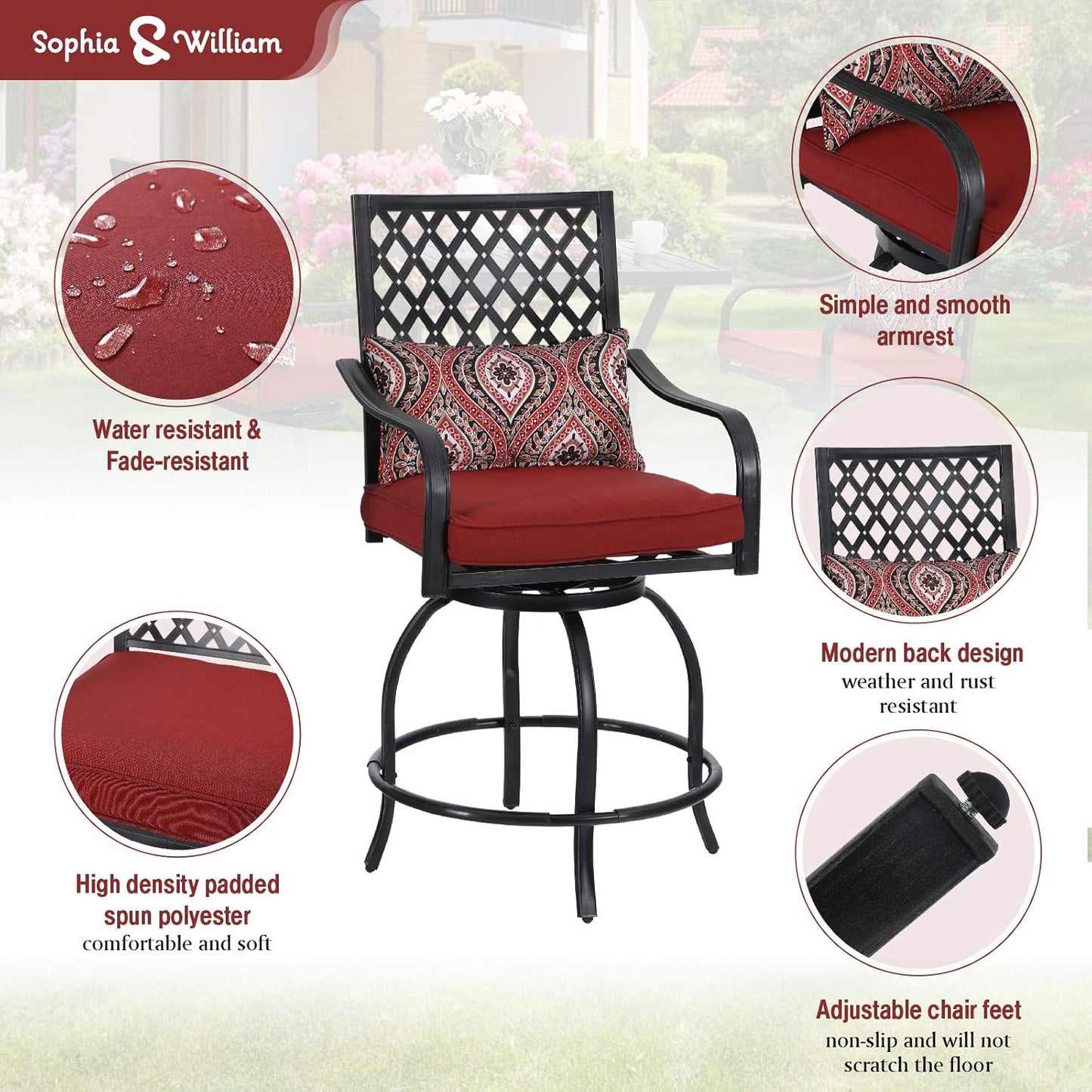 Sophia & William Patio Bar Set 5 Piece Outdoor High Dining Table and Chairs, Metal Furniture Set with 4 Swivel Bar Stools with Red Cushion and 1 Square Bar Height Table with 1.89'' Umbrella Hole