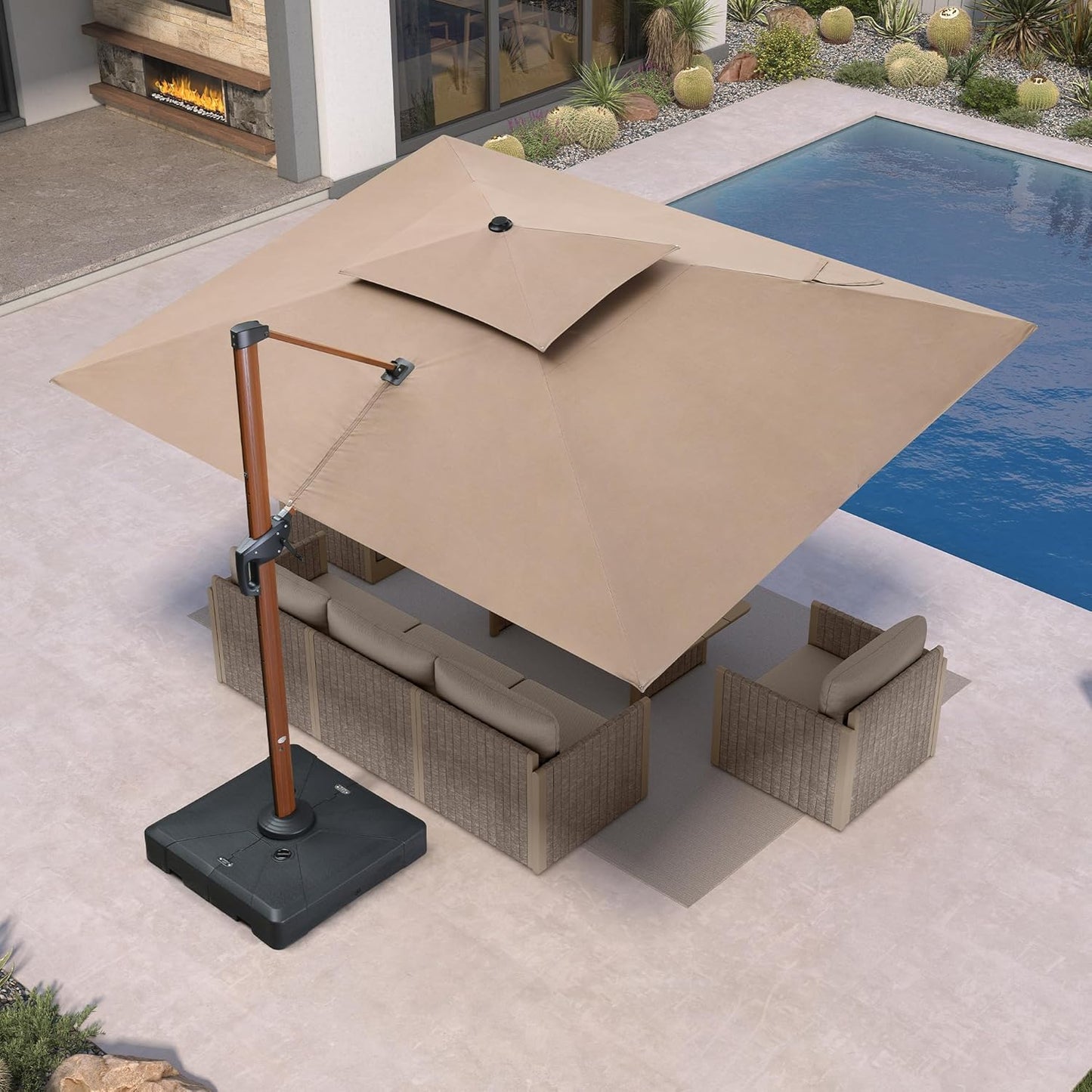 PURPLE LEAF 9' X 12' Patio Large Cantilever Umbrella Outdoor Round Wood Umbrellas Offset Umbrella Heavy Duty Sun Umbrellas for Garden Deck Pool, Deep Beige