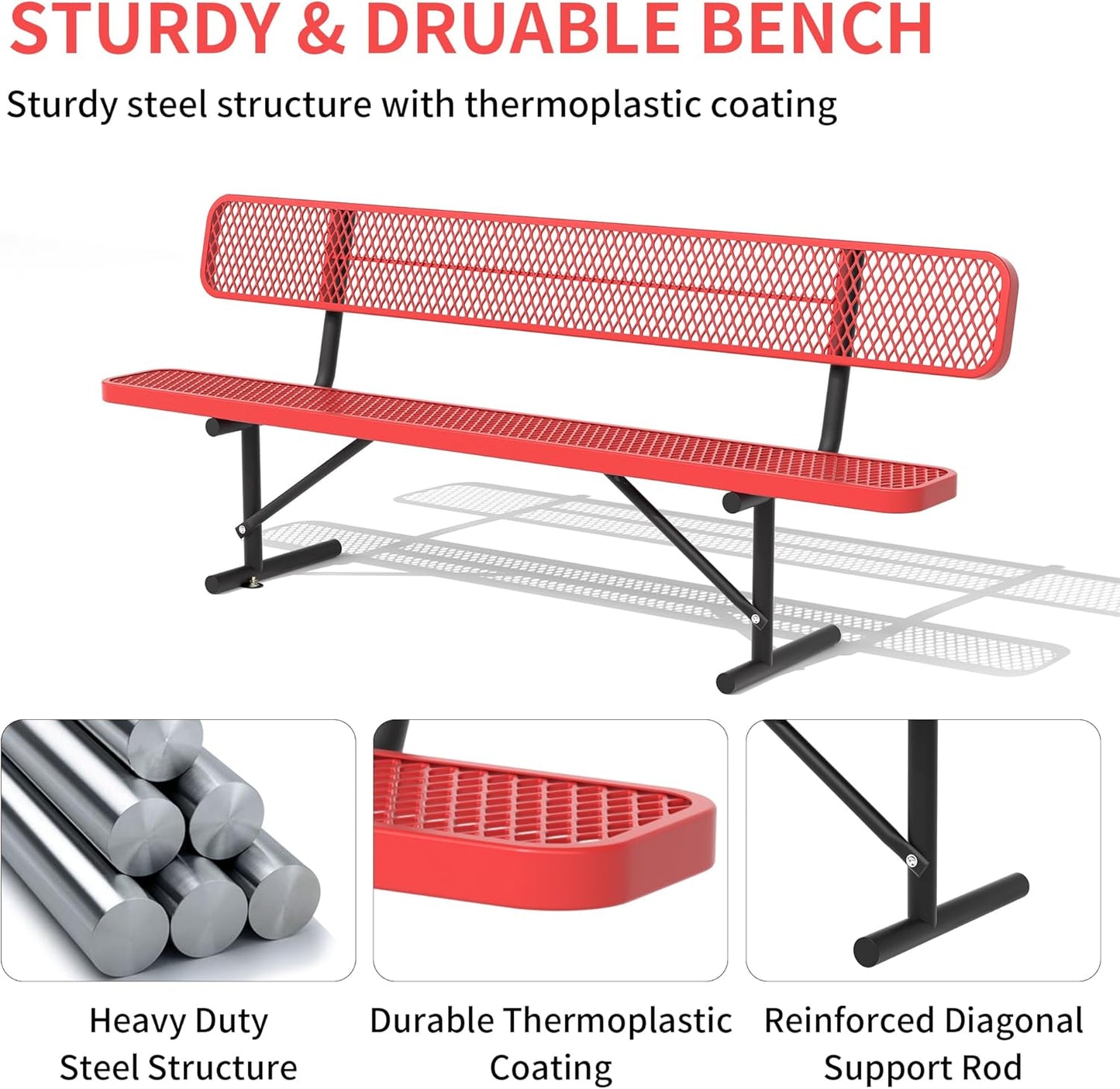 4/6/8 Feet Park Bench for Outside Heavy Duty Metal, Garden Benches Outdoor Bench with Backrest & Portable Frame, for Shopping Malls Stores Parks Patios Decks, Red