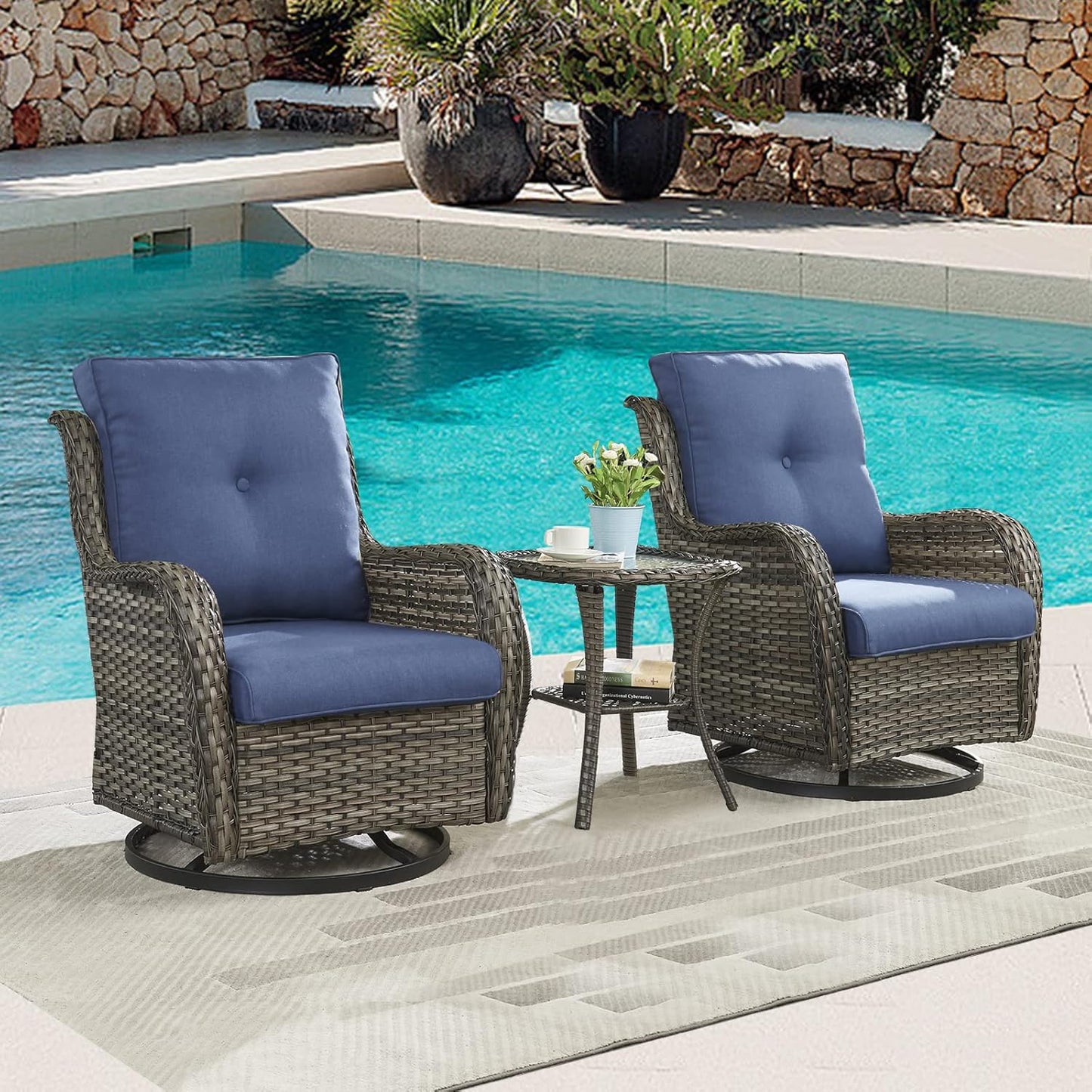 Outdoor Patio Swivel Rocker Chairs - 3 Piece Patio Bistro Set,Wicker Patio Furniture Set with 2 Swivel Rocking Chairs and 1 Glass Top Side Table for Deck Porch Garden,Mixed Grey/Blue