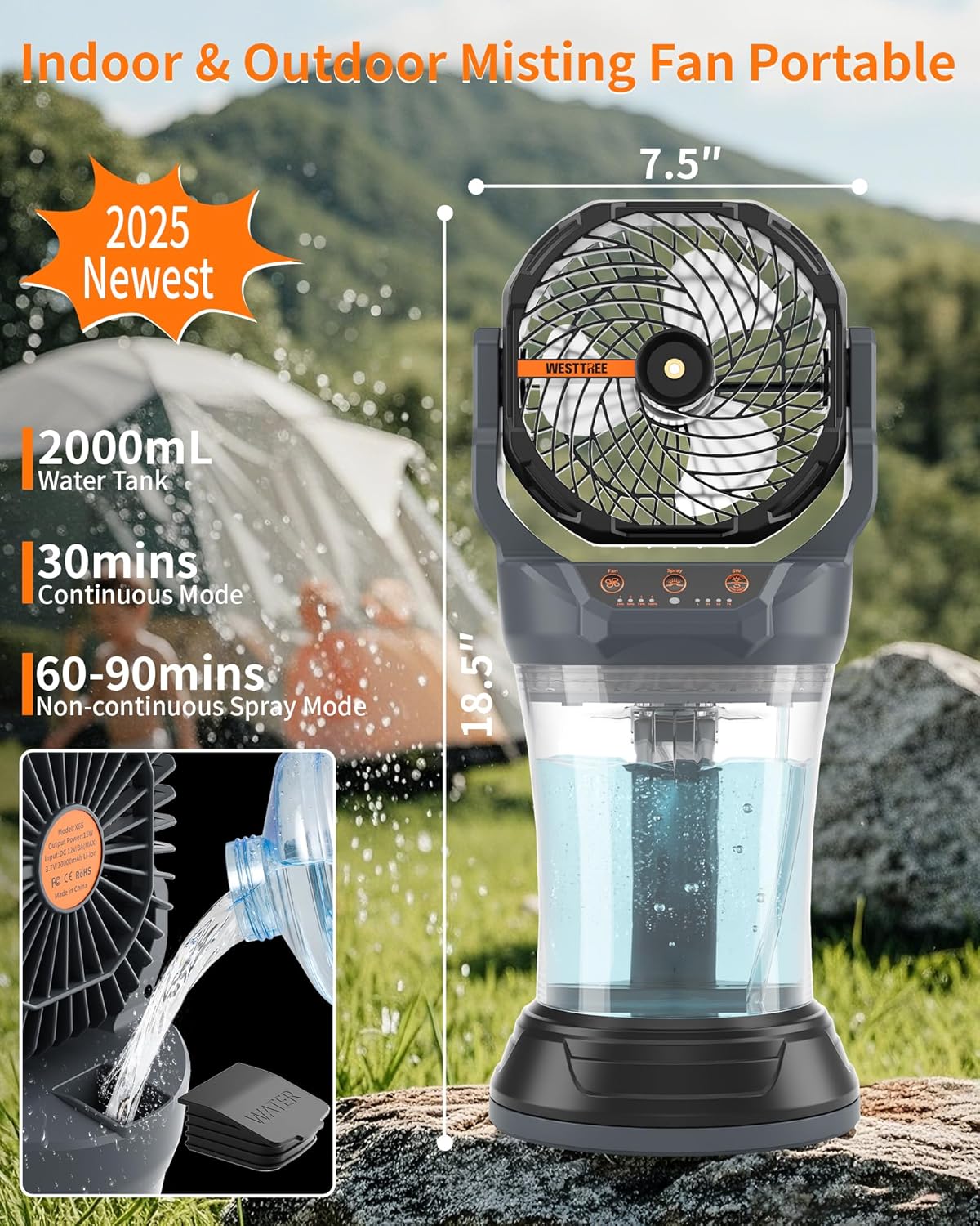 Portable Misting Fan with Large Battery Fan-Rechargeable Outdoor Misting Cooling Fans with 2L Water Tank,RGB Lights,4 Speeds & Spray Modes-for Patio, Camping, Beach, Workshop (Gray- Black)