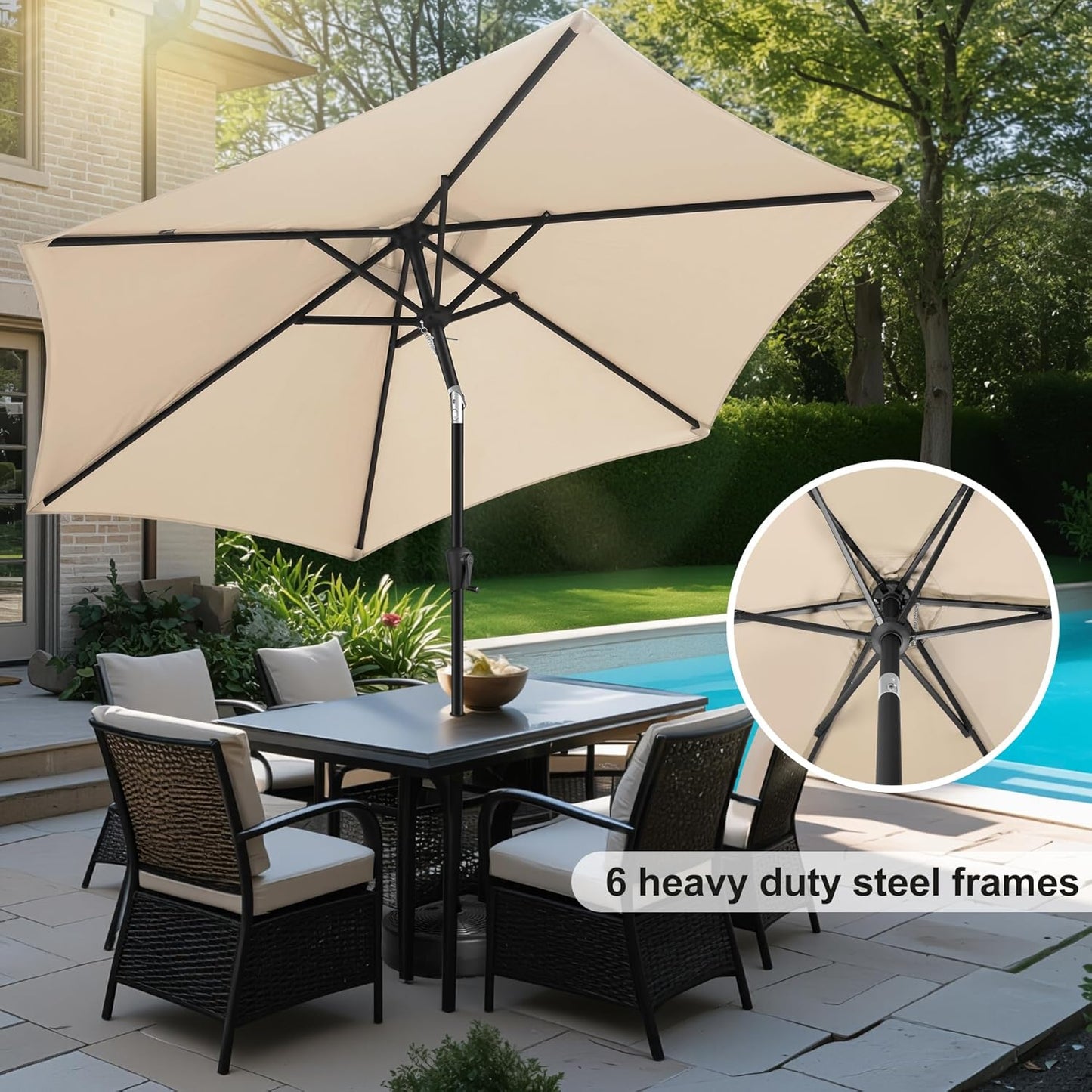FLAME&SHADE 10ft Patio Umbrella - Outdoor Umbrella with 6 Sturdy Ribs, Push Button Tilt and Crank, UV Protection Table Market Umbrella for Pool, Porch，Garden, Deck, Backyard (Beige)