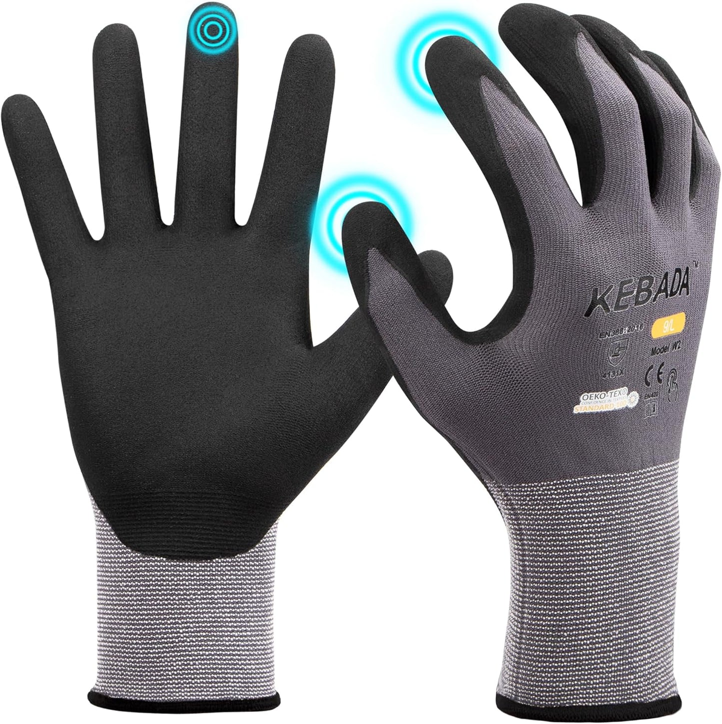 Kebada W2 Safety Work Gloves, Micro-Foam Nitrile Coated Gloves, Touchscreen,Ideal for Package Handling, Gardening, Construction, 1 Pair X-Large