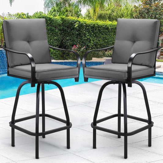 Patio Swivel Bar Stools Set of 2, Outdoor Bar Height Patio Swivel Chairs with Cushion for Garden Balcony Backyard (Grey)
