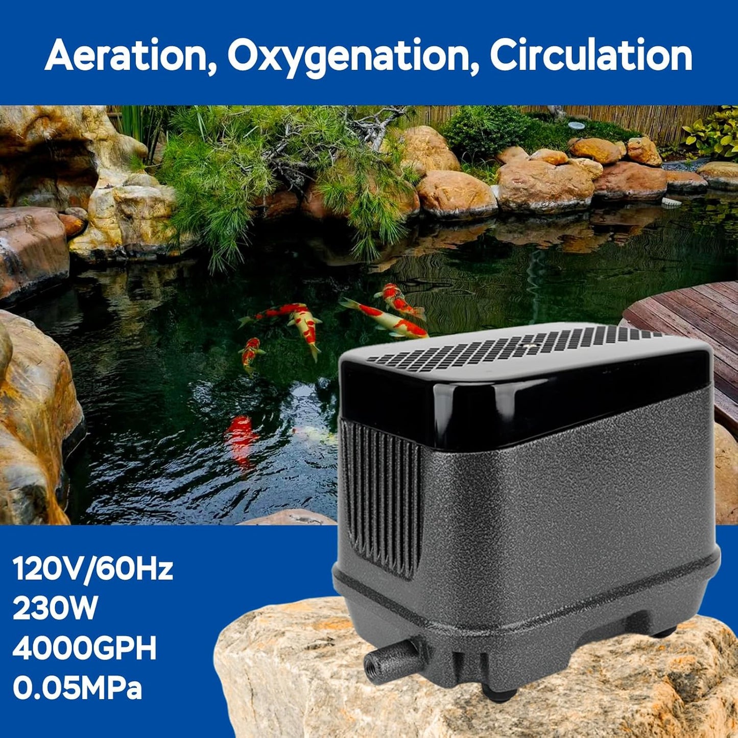AquaMiracle Linear Air Pump ZP-40/ZP-60/ZP-100/ZP-200 for Pond Aeration, 635/950/1600/4000GPH Septic Air Pump Pond Aerators for Outdoor Ponds, Waste Treatment, Aquarium, Fish Farm, Seafood Restaurant