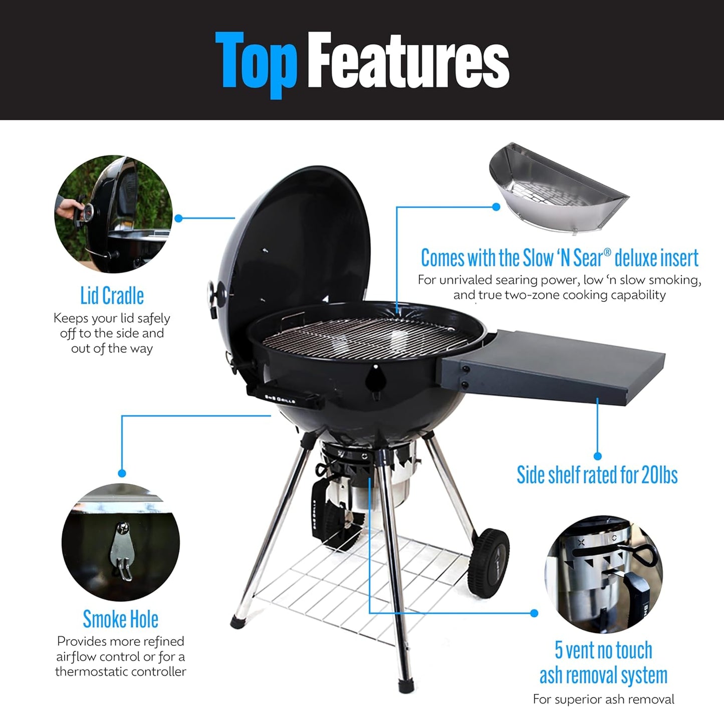 SnS Grills Original Kettle Charcoal Grill with Patented Slow 'N Sear Deluxe Insert and EasySpin Grate for Two-Zone Cooking, Low ‘N Slow Smoking and BBQing - Black 22-Inch