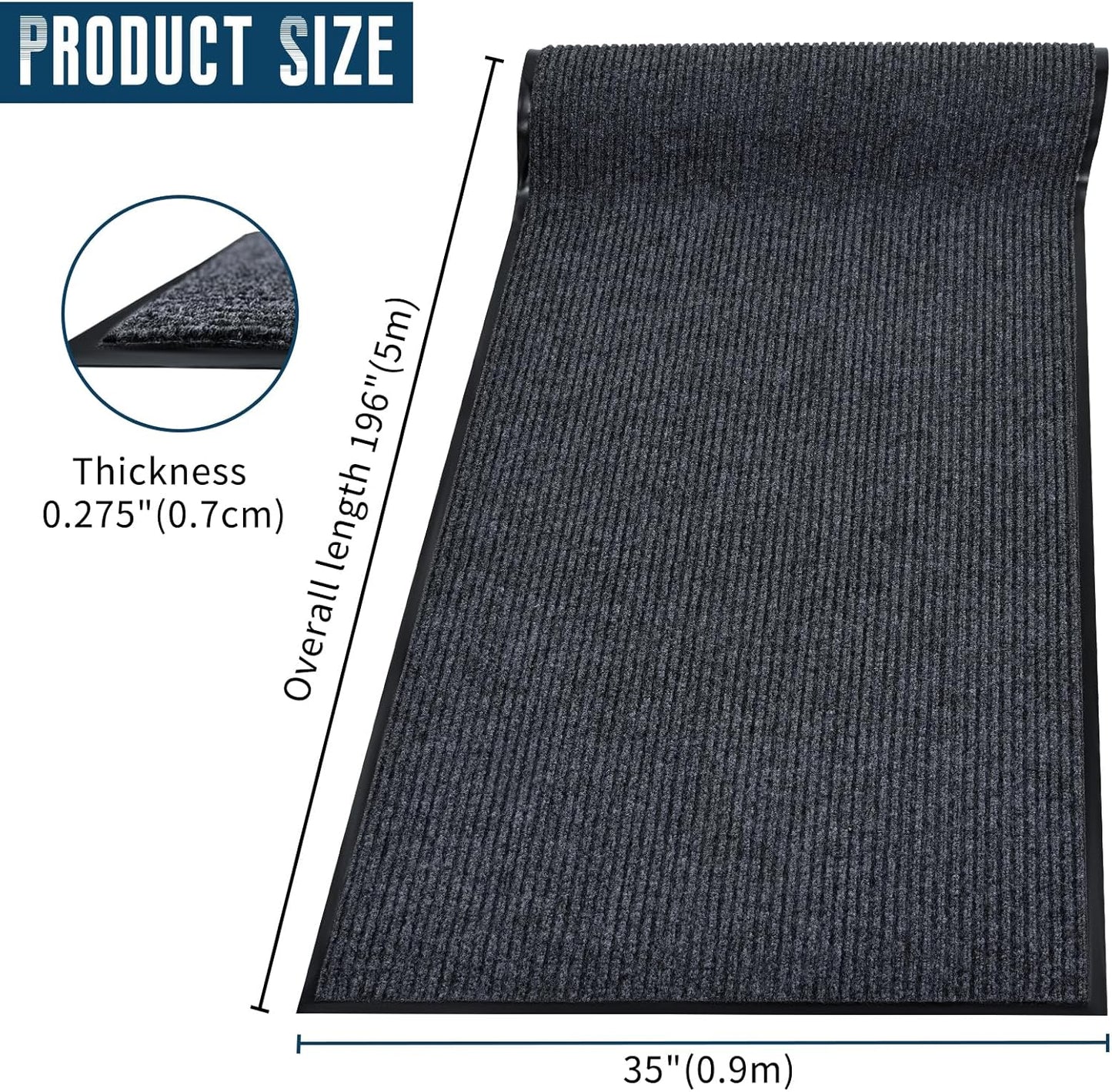 Rubber Door Mat About W3' ×L16' Heavy Duty Large Outdoor Indoor Mat Durable Entrance Doormat Waterproof Rubber Back Rugs for Home Entryway Patio Porch Office Business Areas (Grey)