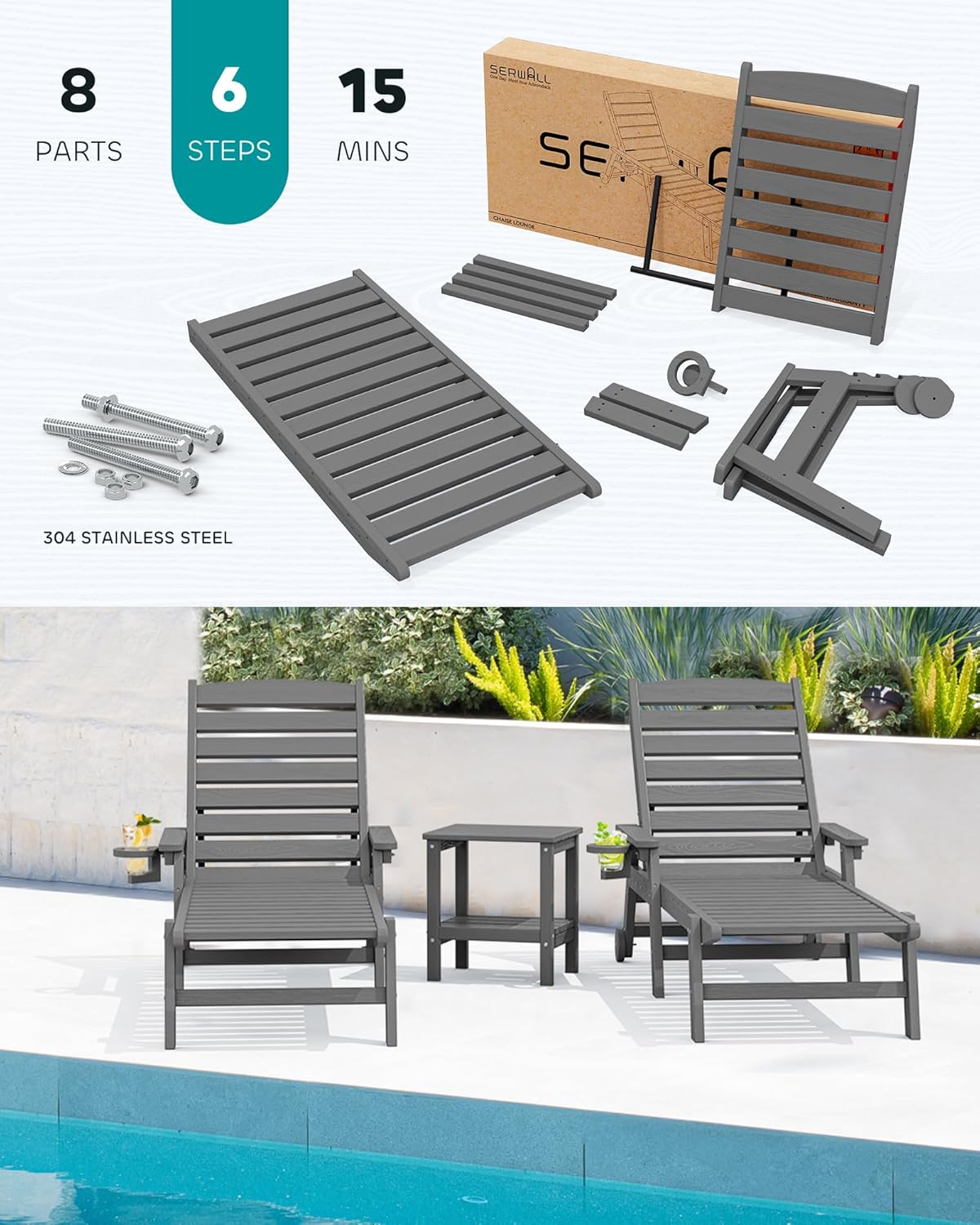 SERWALL Patio Chaise Lounge Chair Set of 2, 78'' Long 5-Positions Adjustable HDPE Outdoor Lounge Chair for Pool, Poly Lounge Chair with Rolling Wheels & Cup Holder for Poolside, Deck, Slate Gray