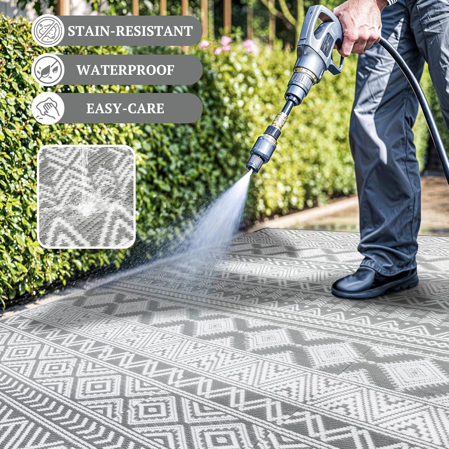 8'x10' Reversible Outdoor Rug - Eco-Friendly Plastic Straw Rug-Heavy-Duty Waterproof Mat, UV & Fade Resistant for Patio, Camping, RV, Deck, Balcony(8x10,Gray&White)