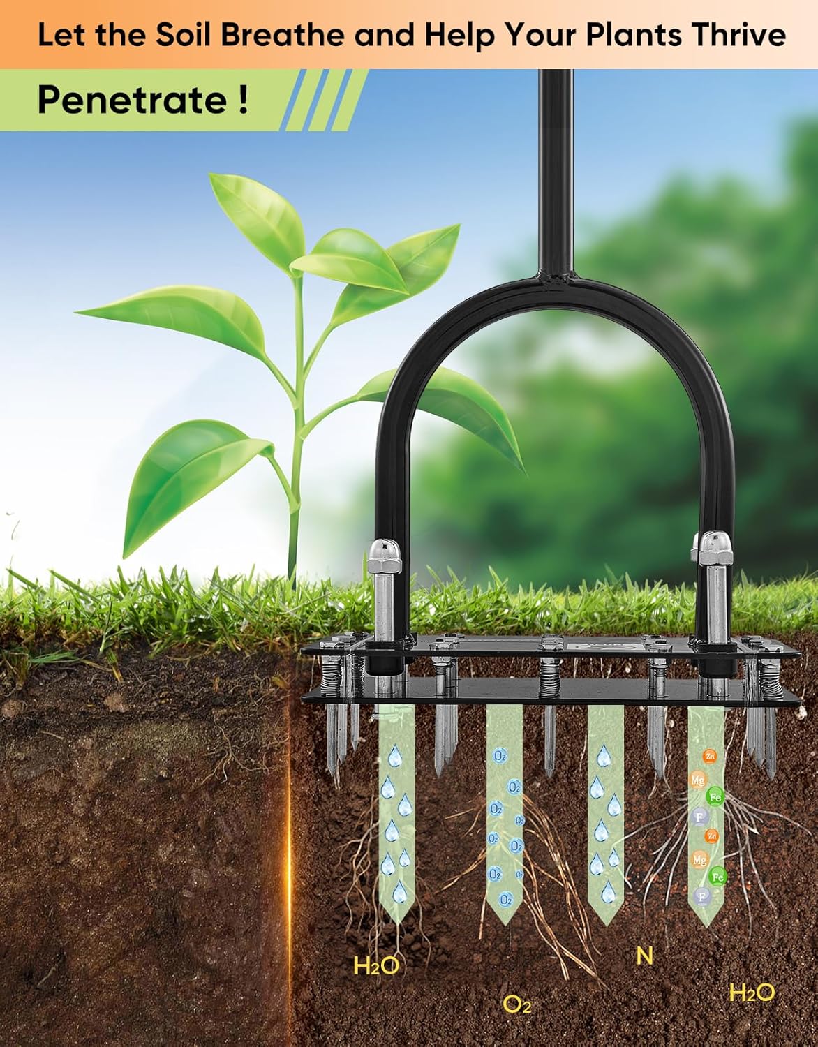 Lawn Aerator Tool, Manual Metal Spike Aerator Lawn Tool with Spring Base, Automatic Leaf and Dirt Cleaning, Grass Aerator for Lawn Care, Soil Loosening, Yard Aerating, Garden Tool