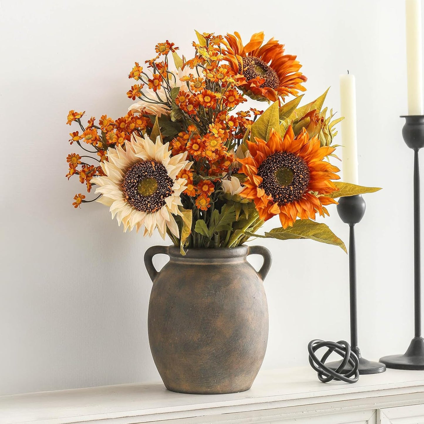 Ceramic Flower Vase 7.6 inch Farmhouse Rustic Vase Decorative Pottery Terracotta Vases for Home Decor Table Mantle Fireplace Living Room Bathroom Wedding Centerpiece (Black)