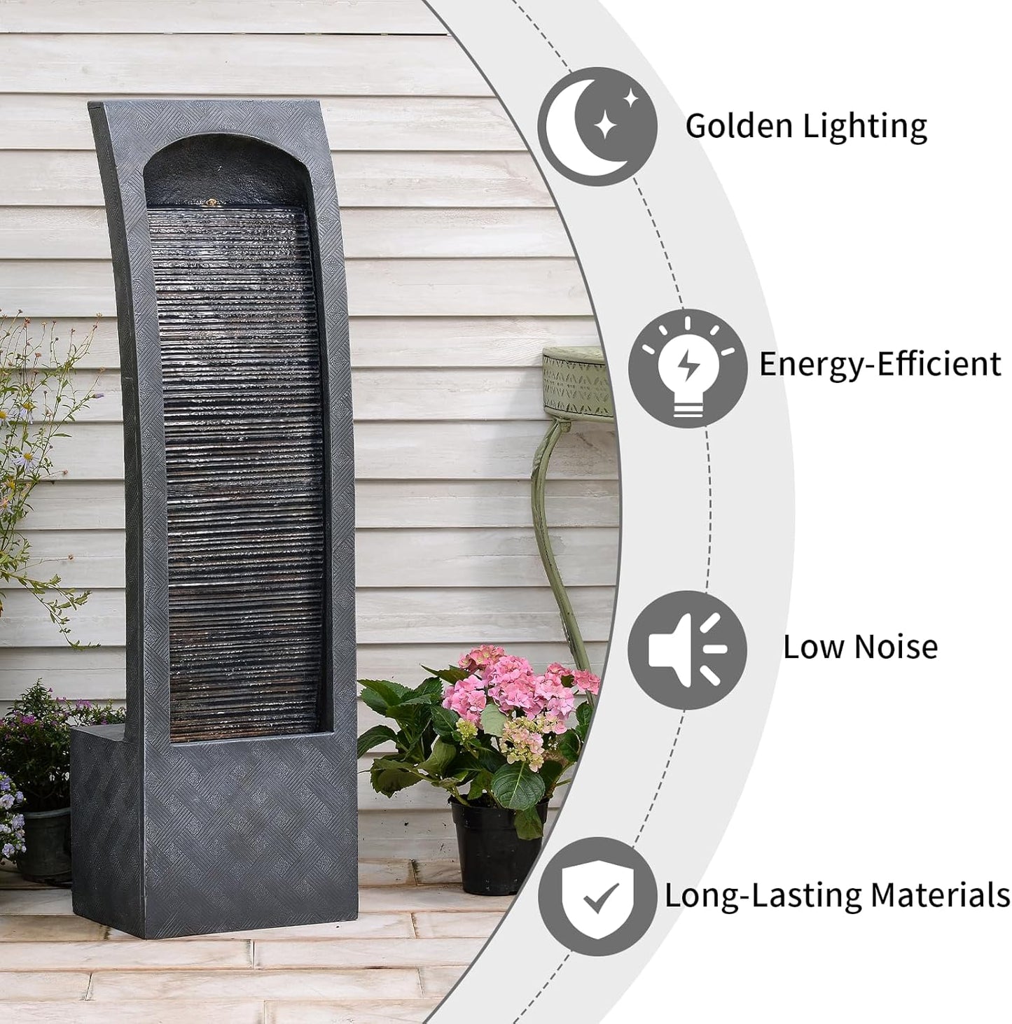 Indoor Water Fountain Curved Faux Slate Outdoor Waterfall Fountains Floor Standing Tiered Rock with LED Lights and Pump for Garden, Backyard, Deck, Patio, Porch and Home Art Decor