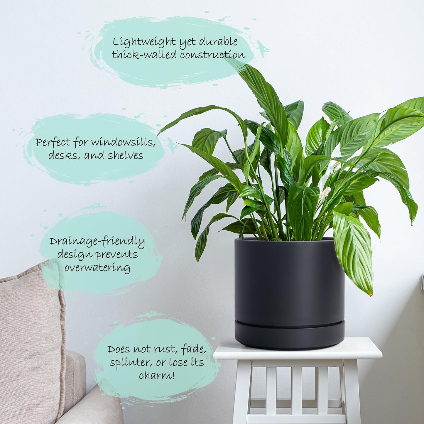 Phoenix Vine 6 Inch Planter Pot with Drainage Hole & Saucer, Deep Water Catch Tray, Straight Cylindrical Round Pot for Plants, Matte Black, Pack of 1, 23-C-S-1