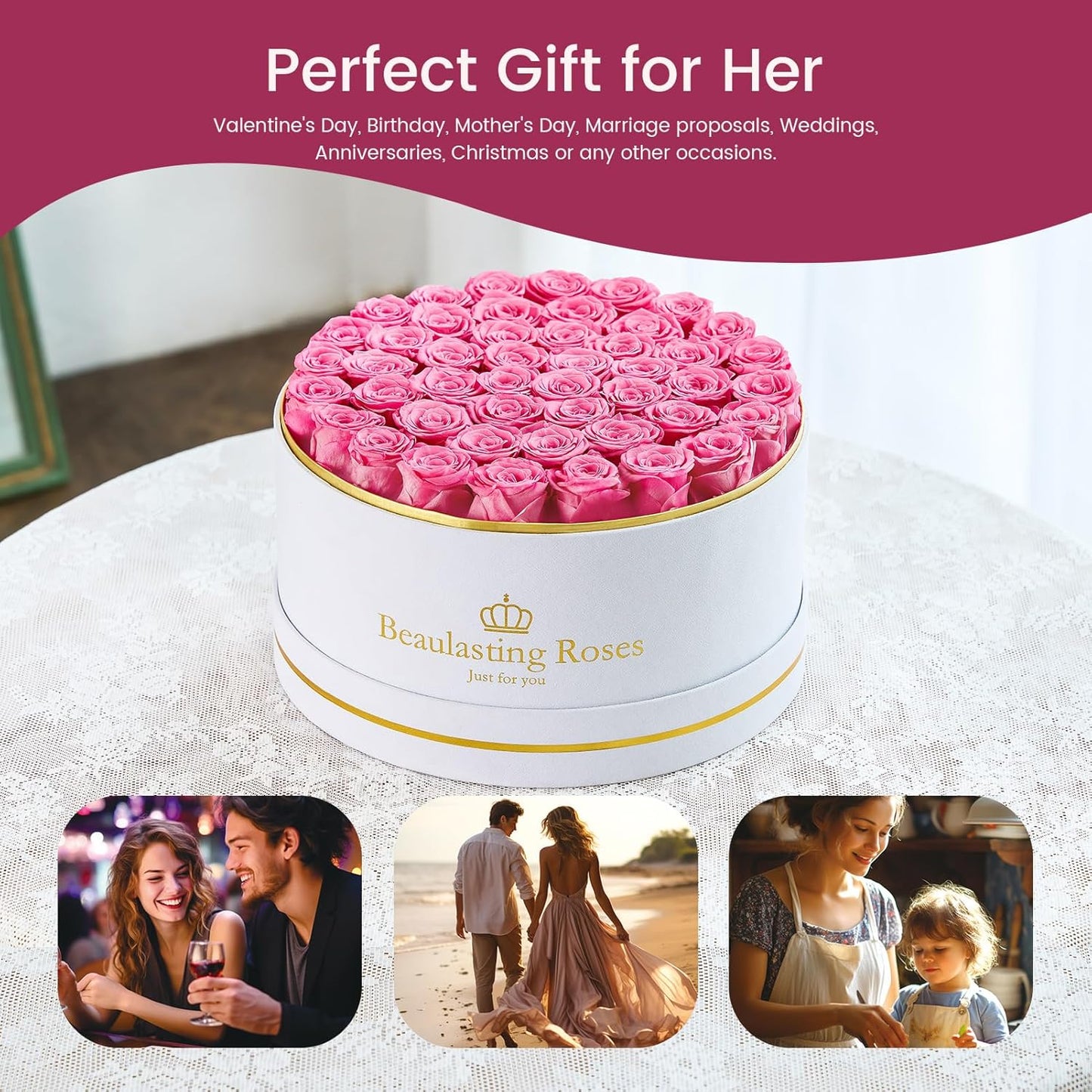 Preserved Roses Forever Flowers Real Roses in a Box Mother's Day Birthday Flowers for Her Mom Women Wife Valentine's Day, Pink, 47 Piece