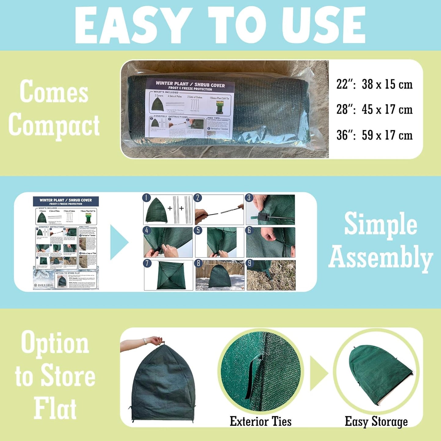 Winter Plant Cover Freeze Protection Tents 2 Pack-Protect Shrubs from Snow, Frost, Animals, Freezing Temperatures - Complete with Soft Garden Ties (22" x 22" x 22", 2 Pack, green with stakes)