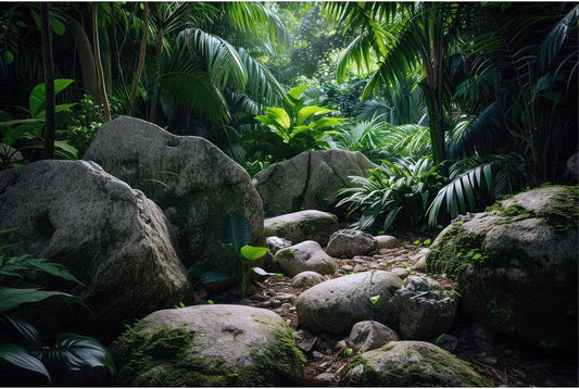 Reptile Habitat Backdrop Lush Tropical Plants and Rocks Terrarium Backdrop Dense Vegetation with Large Broad Leaves and Ferns Fish Tank Background Aquarium Wallpaper Poster Decor Vinyl 48x20in
